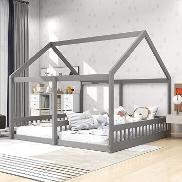 Twin House Bed for 2 Kids, Double Shared Size, Wooden Toddler Montessori Floor Bed for Teens, Boys & Girls, Can Be Decorated Tent Double Twin, Gray