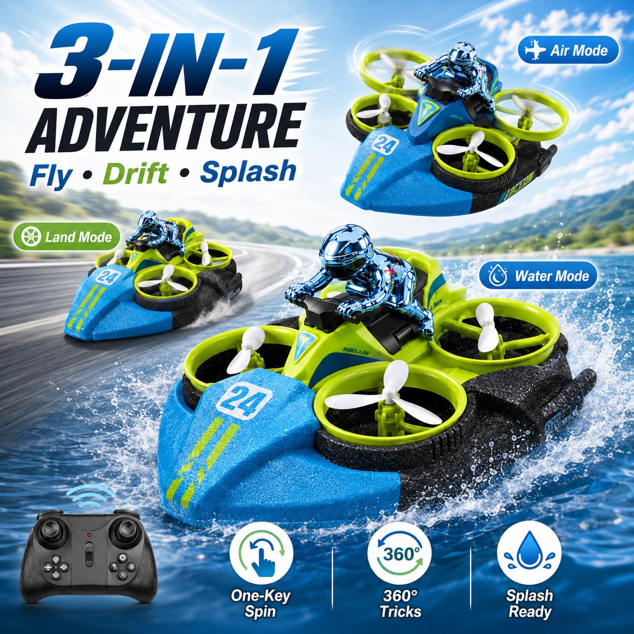 Drone RC 3 in 1 per Bambini, Hovercraft Remoto (Vert)