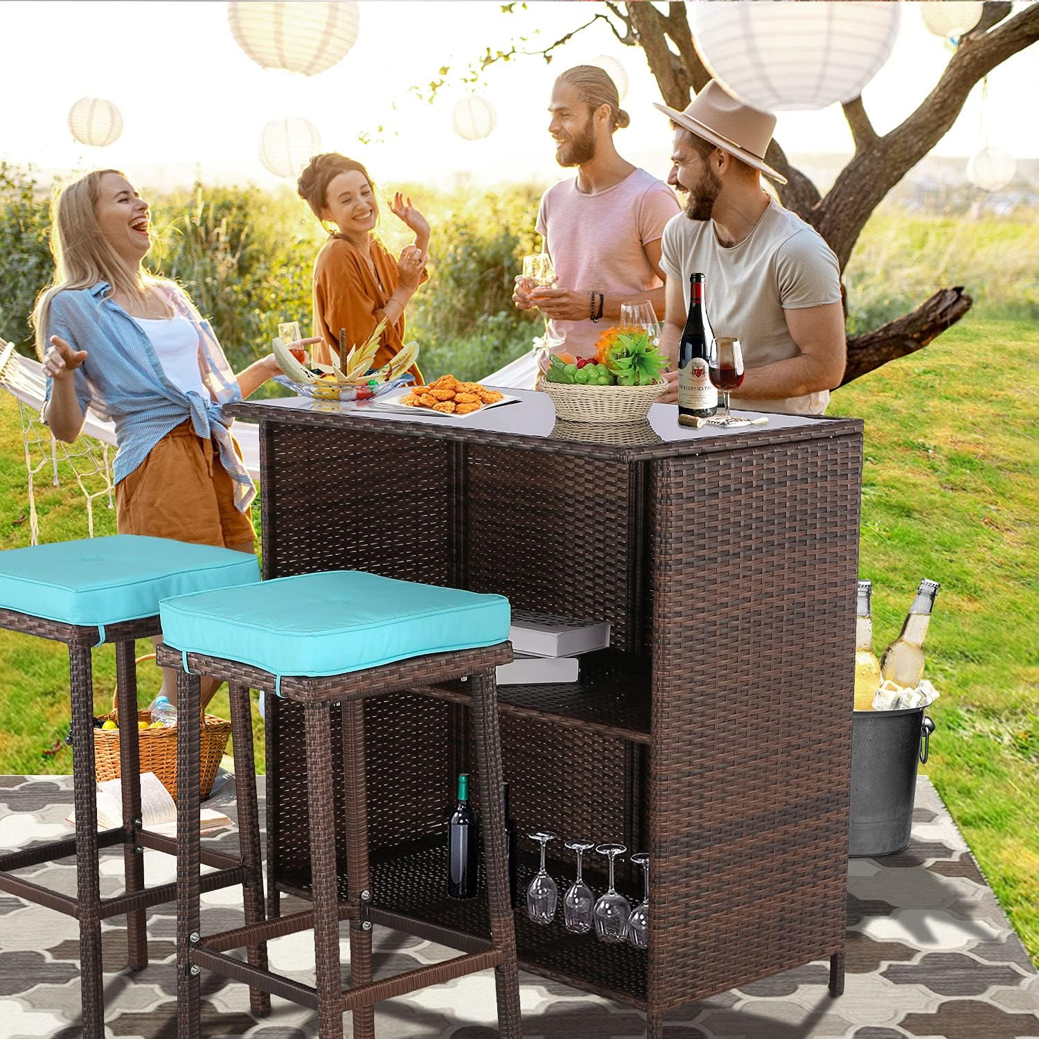 Furnimy 3 Pieces Patio Bar Set Outdoor Wicker Bar Furniture Outdoor Bar Set Outside Bars for Patio Backyard Bar Brown PE Rattan, Outdoor Table and 2 Stools (Turquoise) : Patio, Lawn & Garden
