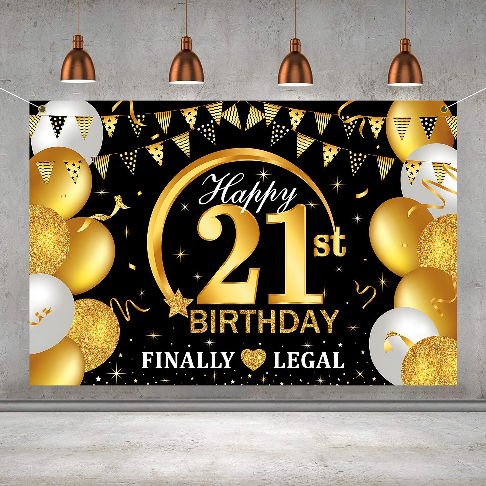 OMIRAE Happy 21st Birthday Banner Backdrop Background - 21 Year Old Finally Legal Party Decorations Supplies for Him Men - Black Gold 6 x 4ft