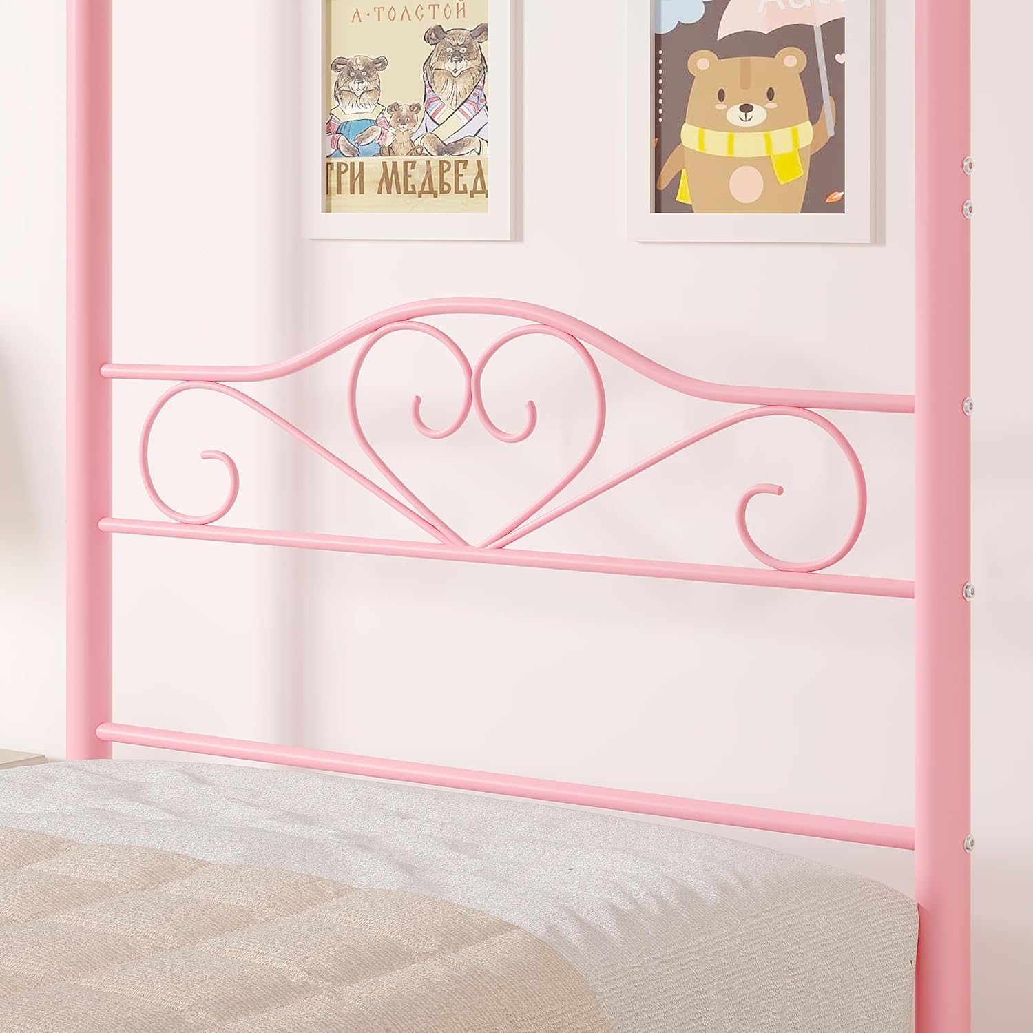 VECELO Twin Canopy Bed Frame with Headboard and Footboard, Metal Four Posters Design, Mattress Foundation Platform with Steel Slats Support, Underbed Storage Space, No Box Spring Needed, Pink