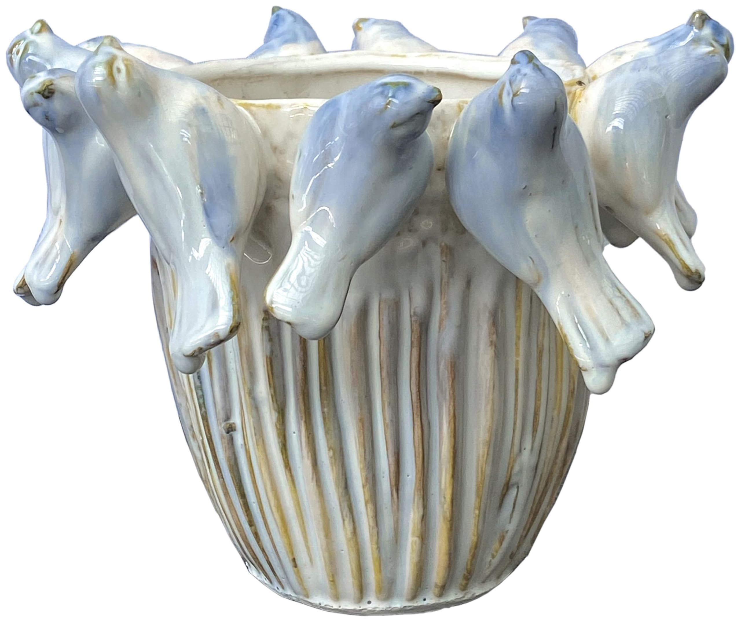 Übertopf Birdy – Keramik Blumentopf mit Vögeln, cremeblau Ø20x16,5cm