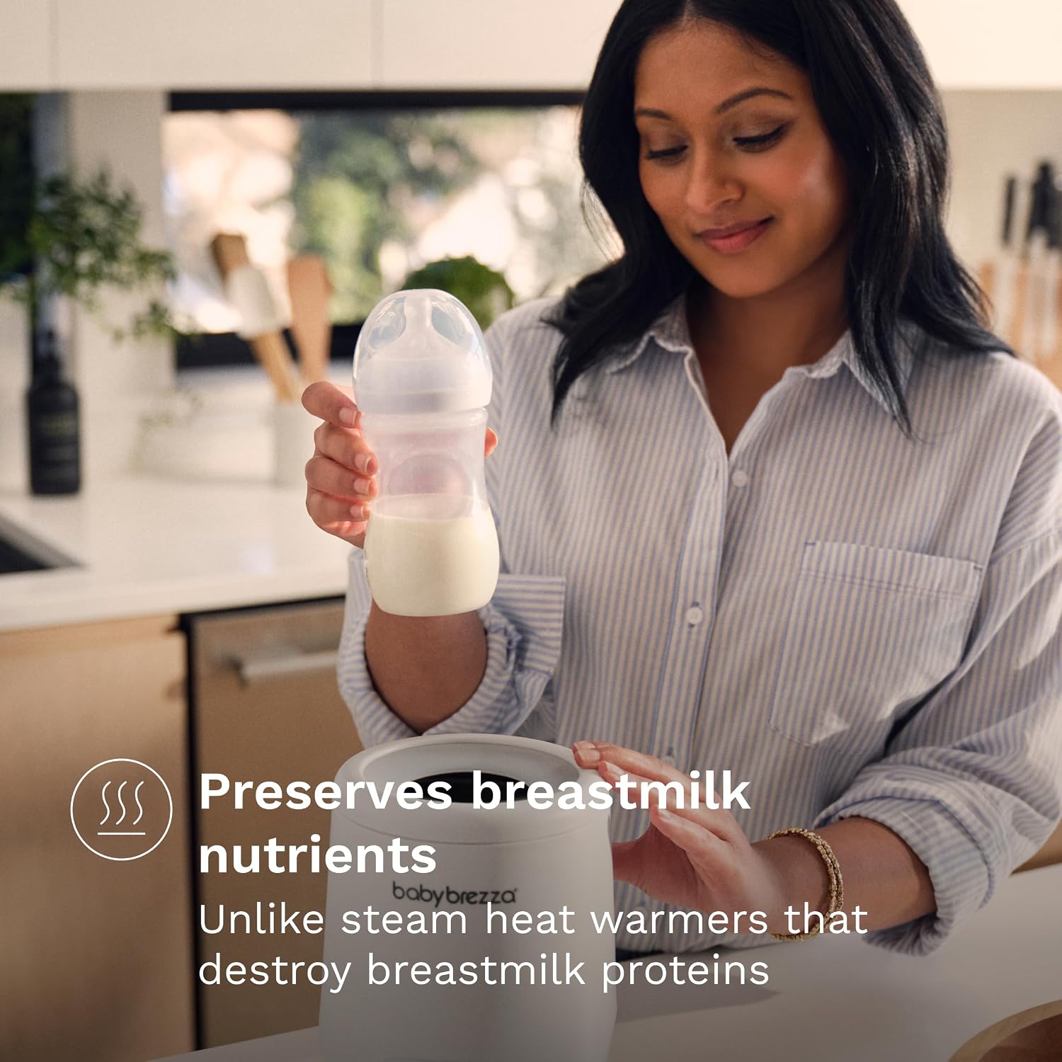 Woman placing a baby bottle into the AirSwirl warmer, emphasizing dry hands and bottle