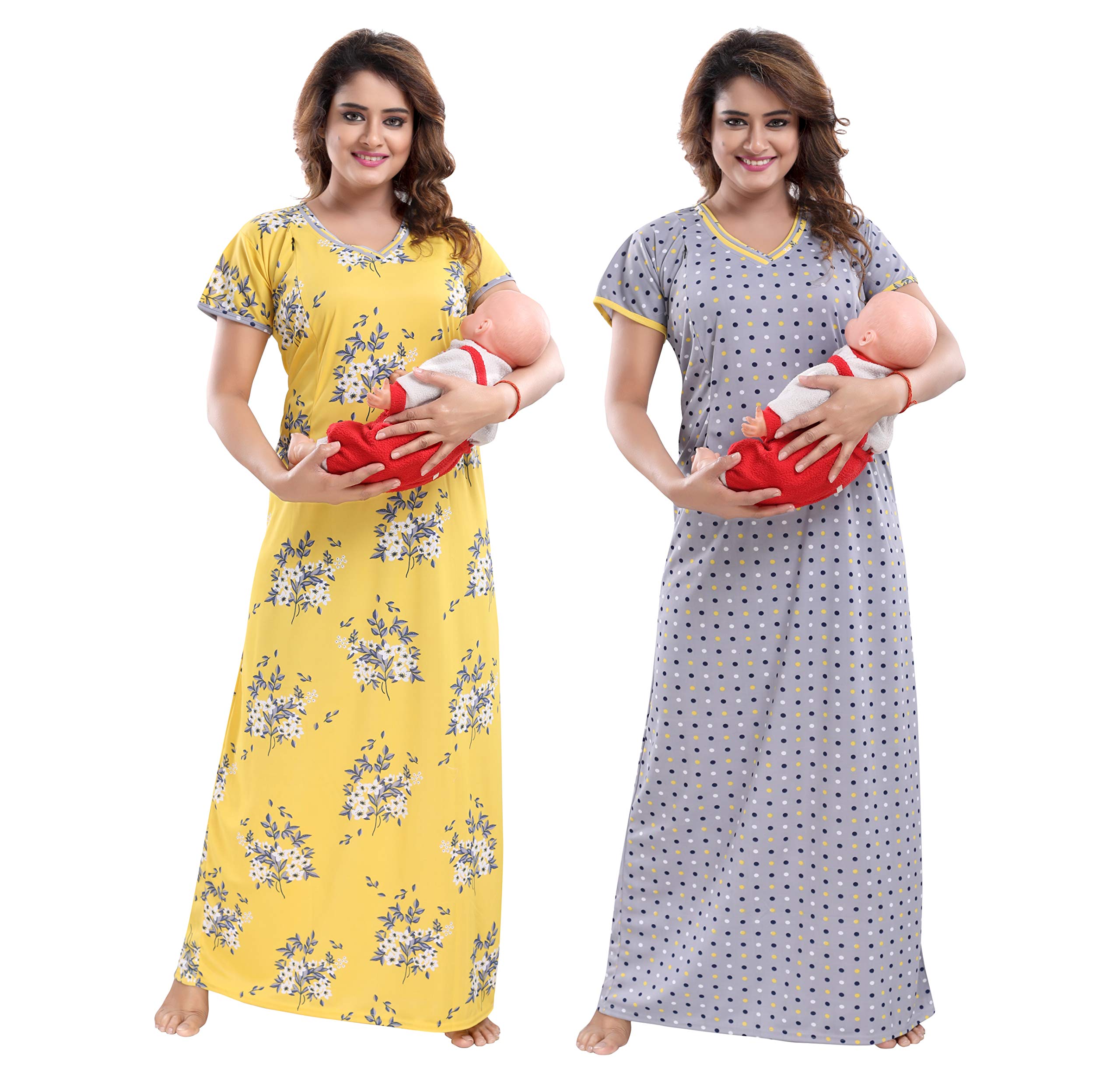 Women's Beautiful Floral Print with Invisible Zip + Line Print Feeding/Maternity/Nursing Nighty/Night Gown/Nightwear (Free Size) (Pack of 2 Pcs)