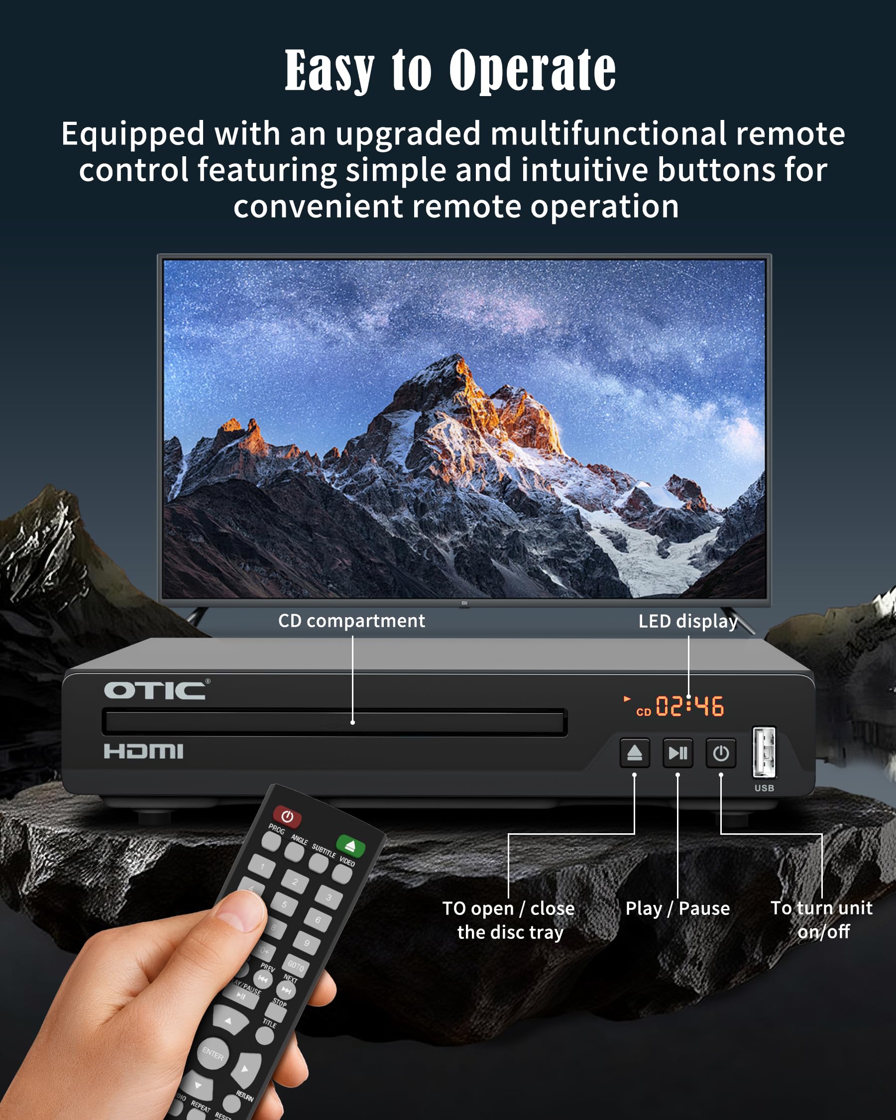 Uniwersalny odtwarzacz DVD HDMI do telewizora, wiele formatów i metalowa obudowa, kompaktowy odtwarzacz CD z portem USB/Dolby Digital Sound do Smart TV, osób starszych, domowego systemu stereo, w