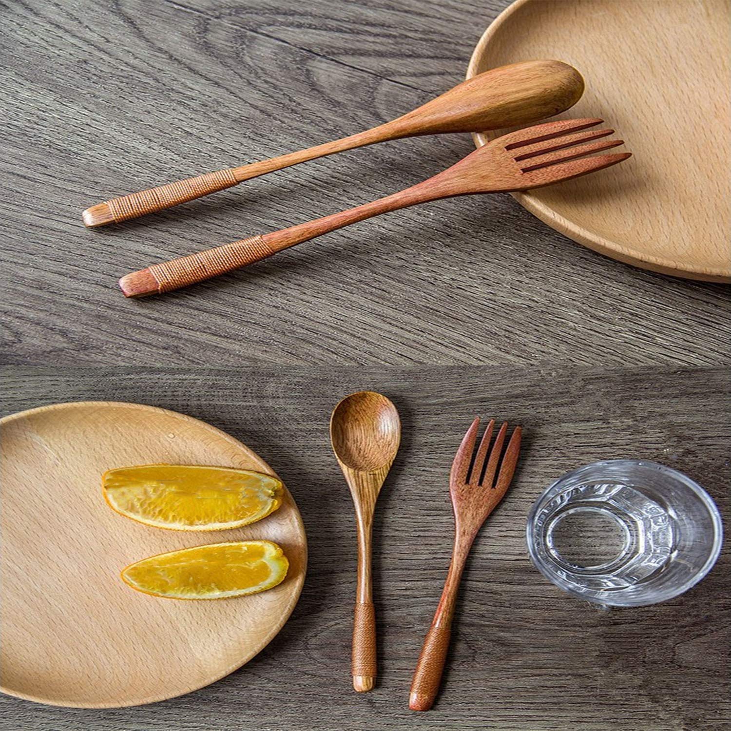 Juego de cucharas de madera y tenedores, vajilla de cocina, cubiertos de madera natural, juego de utensilios de mesa de madera, 2 cucharas y 2 tenedores, color marrón y negro 5