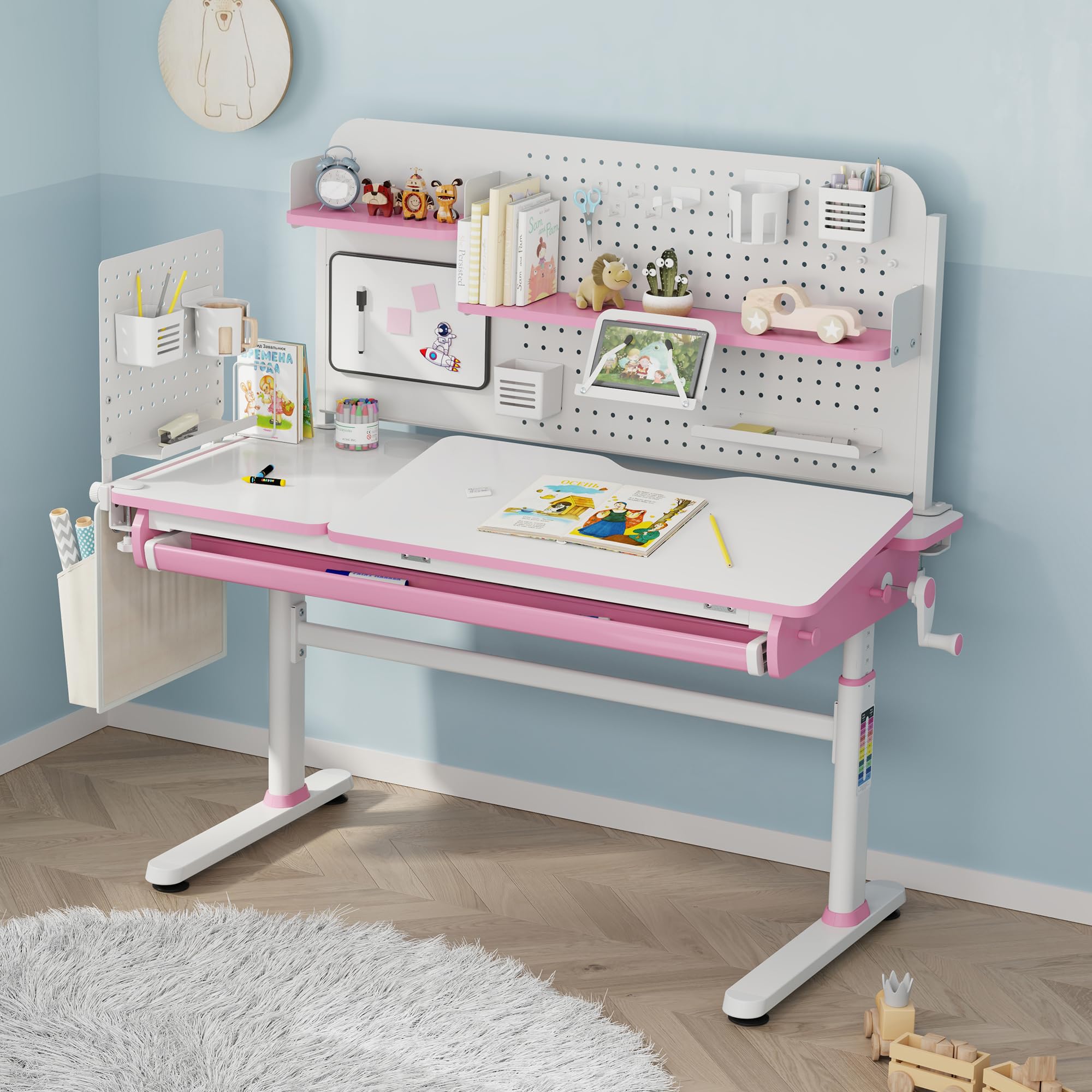 [en.casa] Schreibtisch Organizer Sauda Pegboard zum Anklemmen 114 x 68 cm höhenverstellbare Lochwand mit Ablagen und Zubehör Stecktafel für Kinderzimmer Büro Homeoffice Stahl Weiß/Rosa