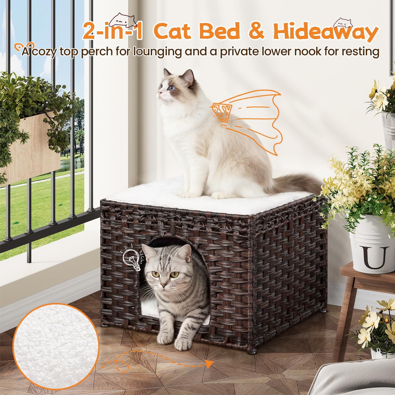Snughome Handgewebtes Rattan-Katzenbett - Indoor Faltbare Katzenhöhle mit 2 abnehmbaren Bettmatten Großes Kätzchenhaus Versteck Haustierwürfel 16,54 x 16,54 x 12,6 Zoll Braun für Wohnzimmer