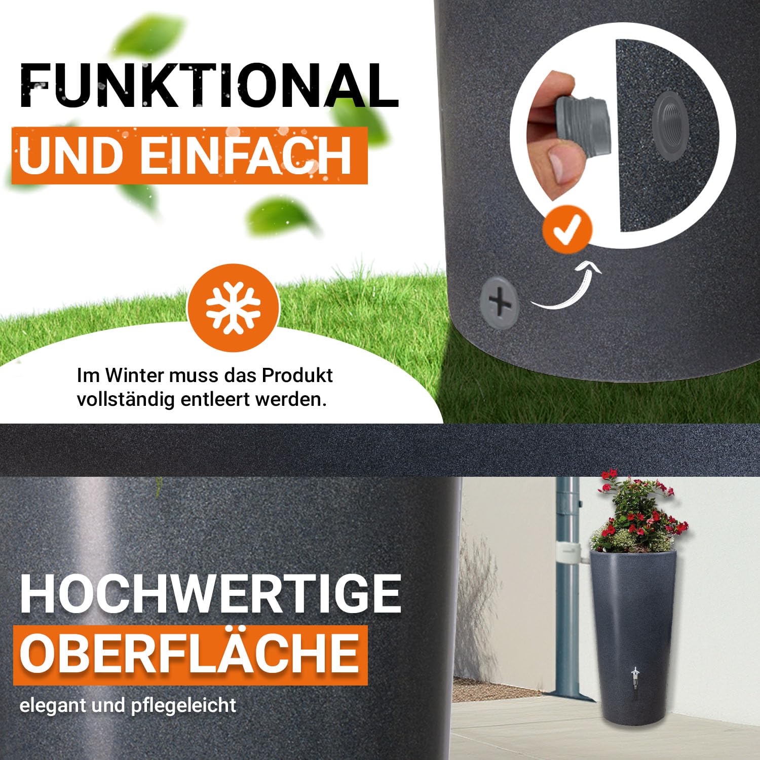 GARANTIA Stone 2in1 Regentonne 210 Liter Lava inkl. Pflanzschale | Wassertank, Regenfass, Regenwassertonne, Wasserbehälter, Fass, Regenwassertank, Wasserfass, Wassertonnen für Garten