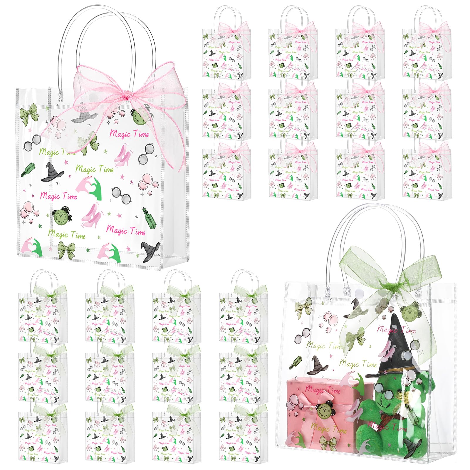 Sweetude 24 Pack Witch Party Gift Bags Party Favors Set with Handles Ribbon | Clear PVC Witch Goody Bags, Perfect for Halloween Birthday Parties, Candy, Goodie Treats, Pink and Green Friendship Decor
