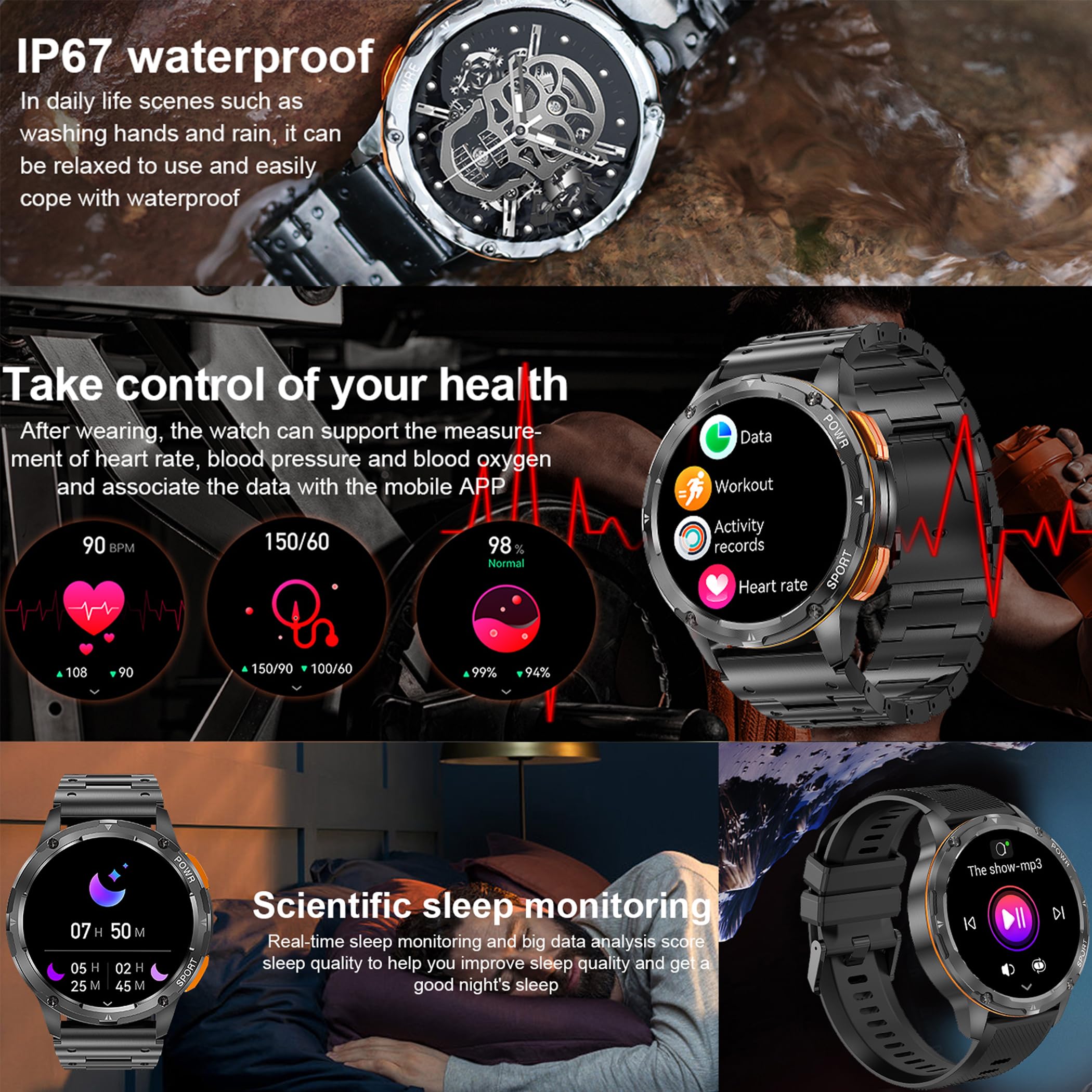 Reloj inteligente AMOLED de 1,43 pulgadas para hombre con función de teléfono, 5 ATM, rastreador de actividad con más de 100 modos deportivos, podómetro, monitor de sueño, presión arterial