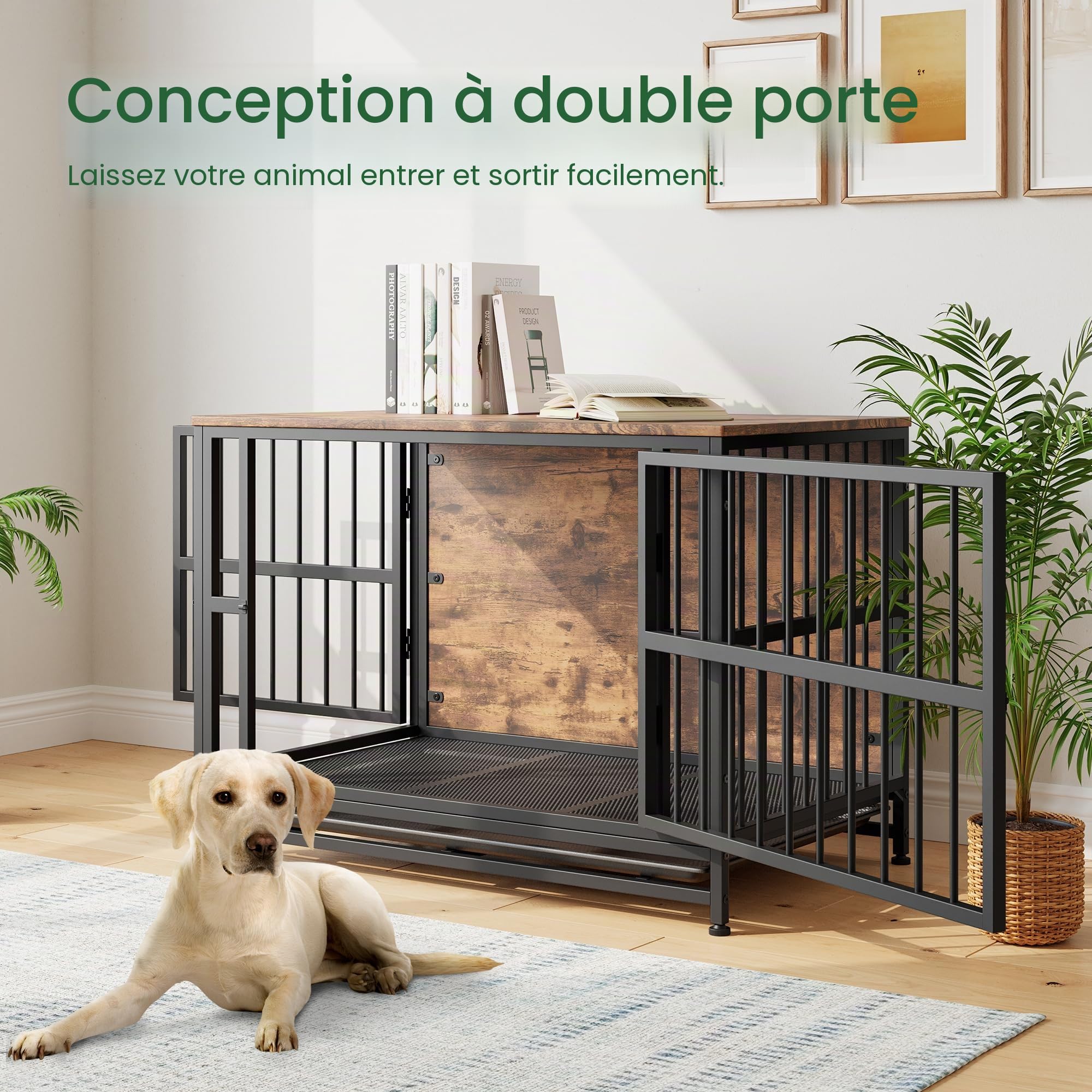 Cage pour Chien, Cage pour Chien Robuste pour Chiens de Grande/Moyenne Taille, Maison pour Chien avec Plateau Amovible, Cage pour Animaux avec Double Porte, Table d’Appoint, Résistante aux