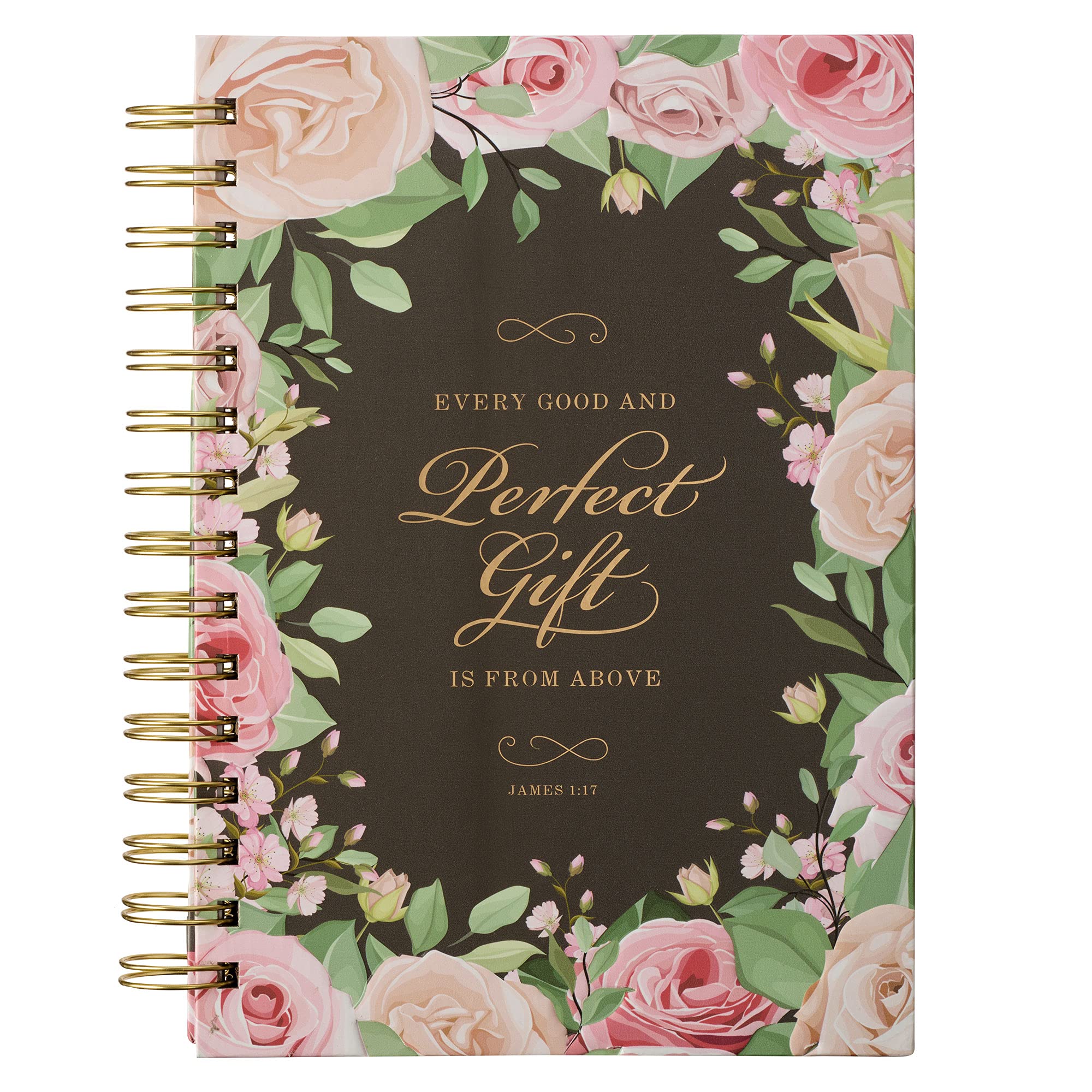 Christian Art Gifts Journal w/Scripture Every Good and Perfect Gift James 1:17 Bible Verse Pink Rose 192 Ruled Pages, Large Hardcover Notebook, Wire Bound