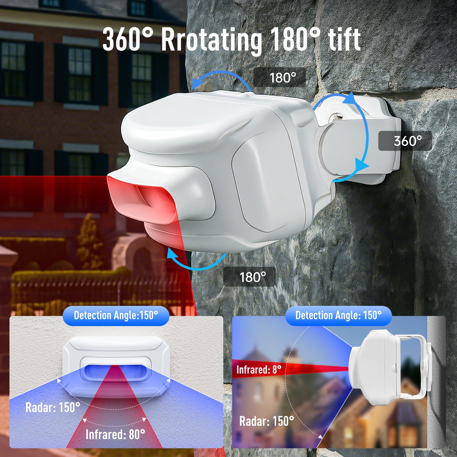 Alarma de entrada – Sensor de movimiento inalámbrico para exteriores de alcance de 1200 pies, PIR de doble tecnología + microondas, 17 campanillas, IP64 resistente a la intemperie, silencio y
