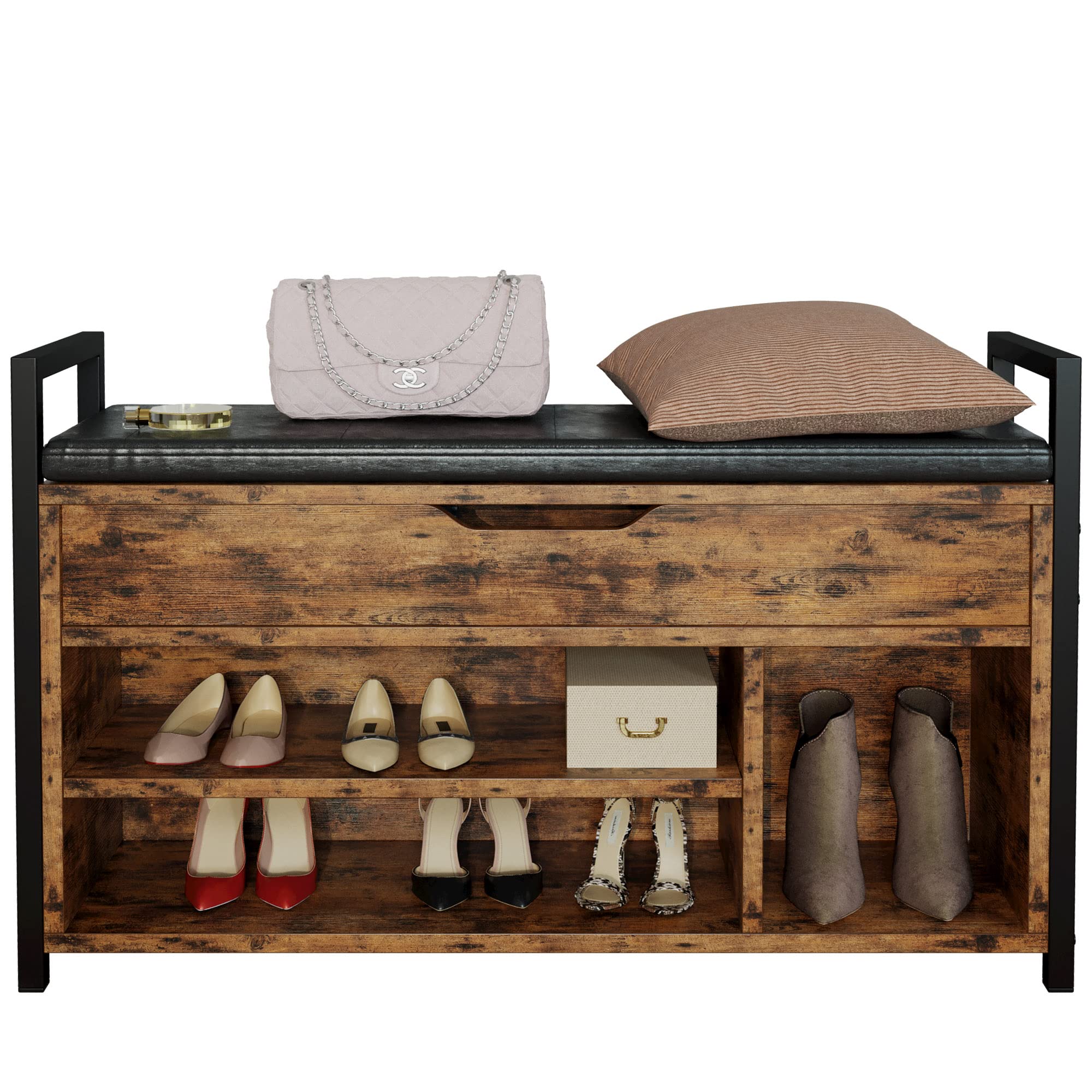 IRONCK Shoe Storage Bench, Entryway Bench with Lift Top Storage Box, Metal and Board Bench for Entryway, Two Tier Shoe Rack Organizer for Entryway, Hallway, Industrial, Vintage Brown