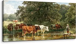 SERIMINO Landscape Wall Art Vintage Decor, Animal Cow Canvas Prints, Forest Grazing Cattle Aesthetic Pastoral Paintings, Rustic Farmhouse Wall Decor Living Room Bedroom, 20x40 Inch