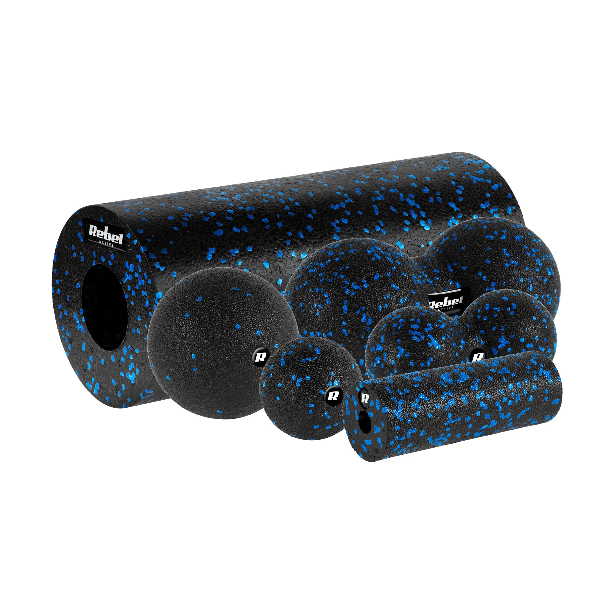 Rebel Zestaw Wałek do Masażu – Roller, Mini Roller, 2 Piłki, 2 Duoball-e Kolor Czarno-niebieski Materiał EPP RBA-3054-S6