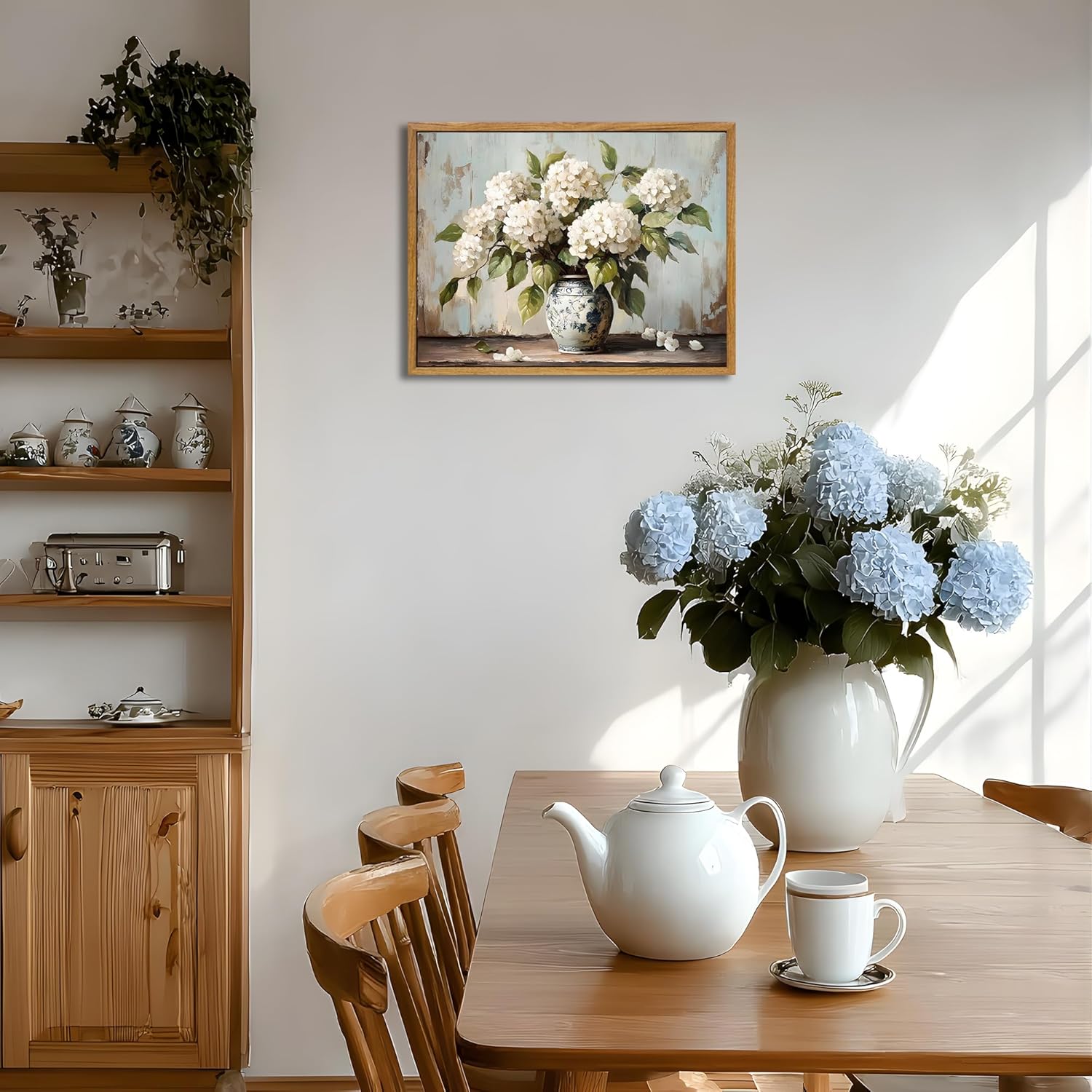 Framed Vintage Hydrangea Wall Art Rustic White Hydrangea Still Life Flower Canvas Painting Prints Farmhouse Flower Pictuer Vintage Country Wall Decor for Bathroom Living Room Bedroom 16x24 Inch