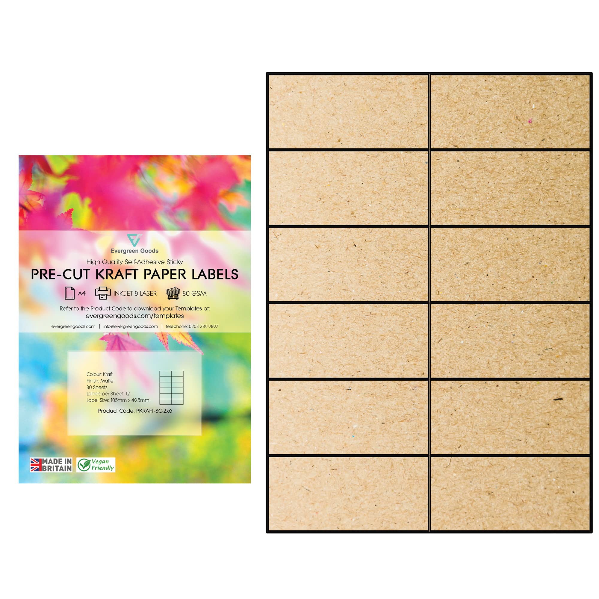 Evergreen Goods A4 Precut Kraft Matte Self Adhesive Paper | Inkjet & Laser Printable | Strong Sticky Back Multi Purpose Printing Labels | 2x6, 12 per A4: 360 Labels in Total | 30 Sheets