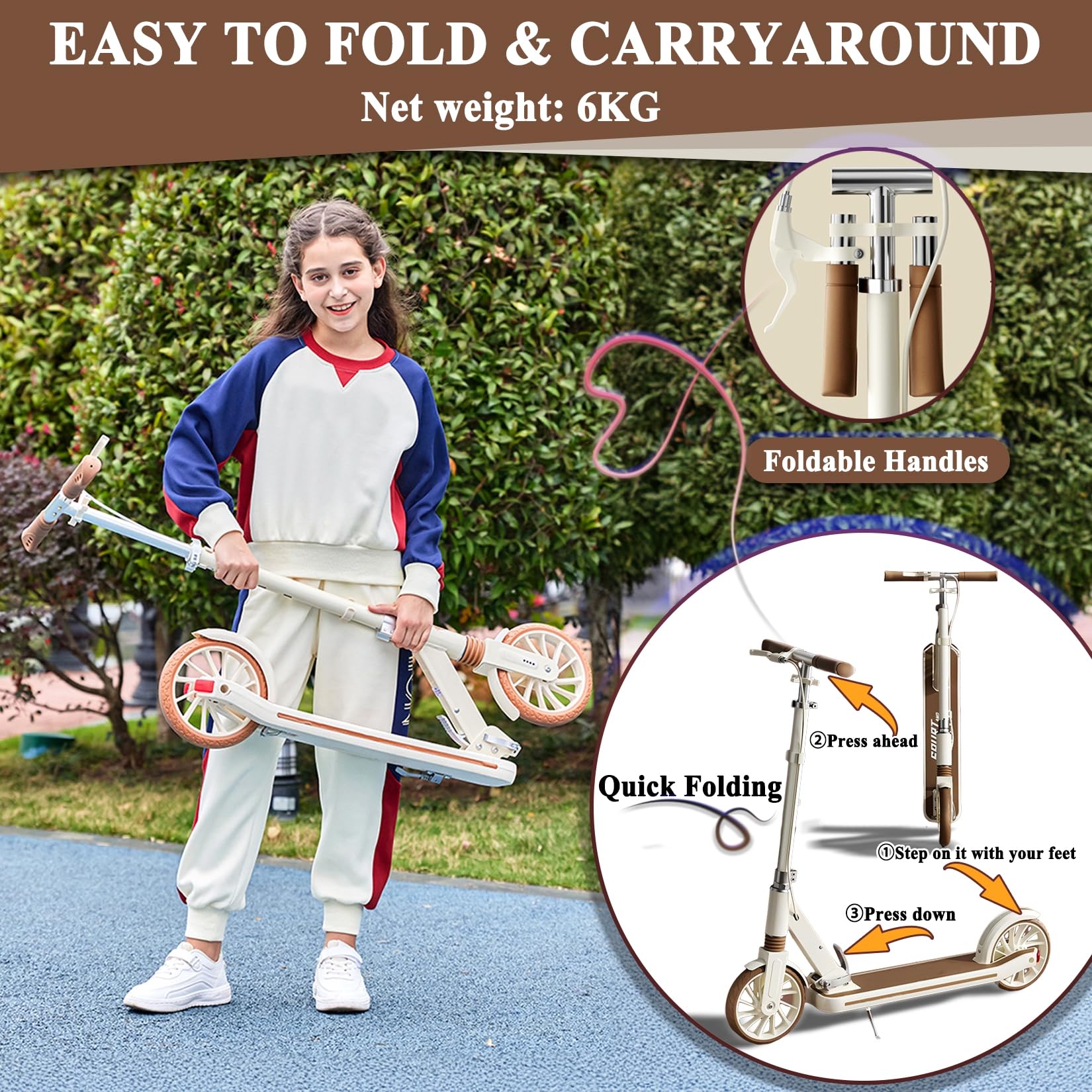 CUIOT Commuter Adult Scooter 330 lbs Capacity, 8IN Solid Tires Big Wheels Scooters, 3 Handle Height Adjustable Levels, with Double Braking System, Foldable Scooter,Kick Scooter for Ages 6+,Pink