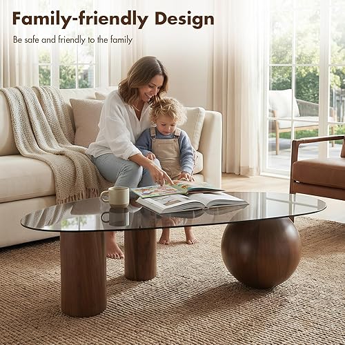 Miniatura 4 de Mesa de centro de cristal moderna de 55 pulgadas para sala de estar, mesa de centro grande con parte superior de vidrio templado ovalada gris, patas