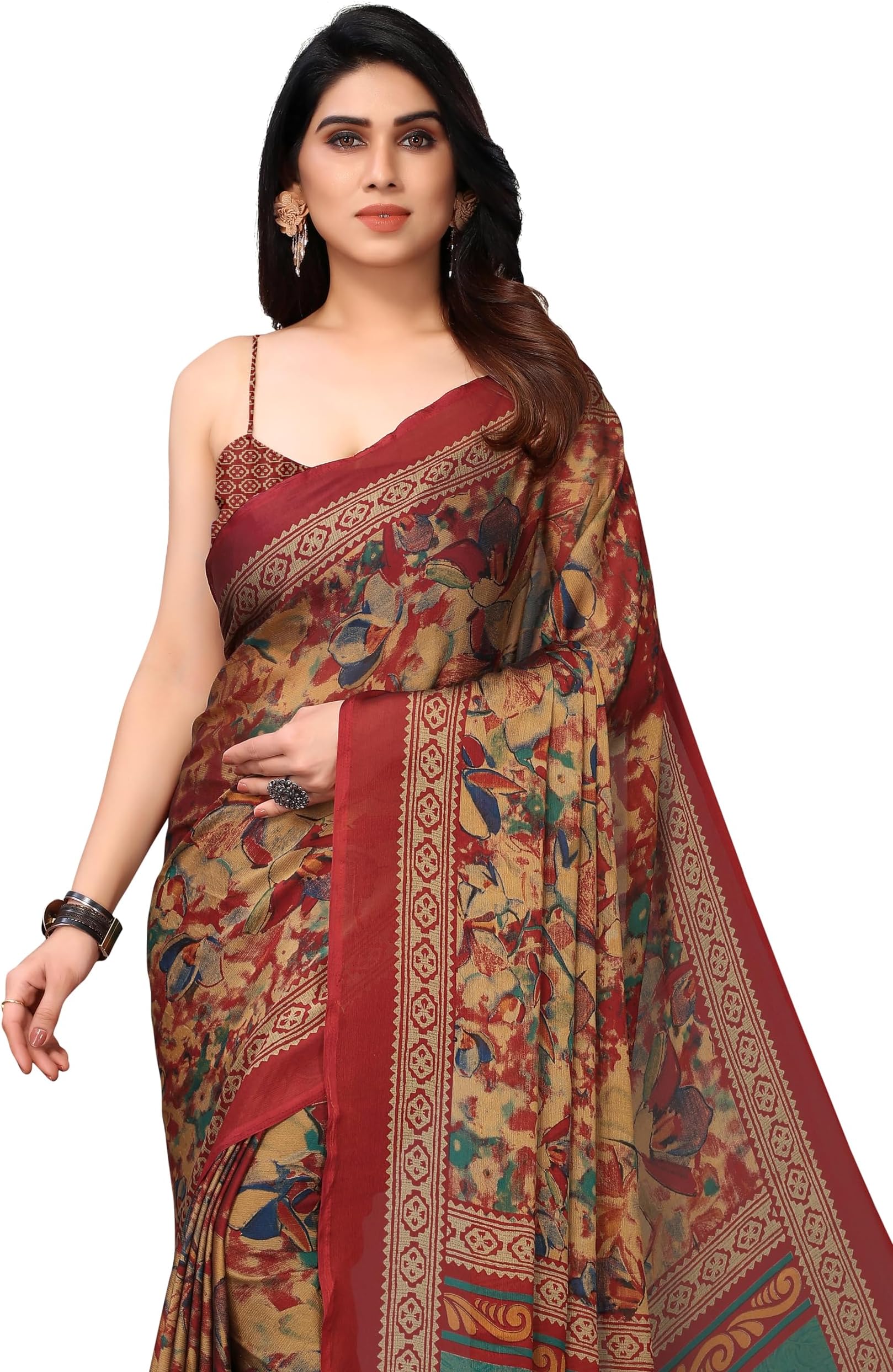 Women's Plain Weave Chiffon Ethnic Motif Printed Saree with Blouse Piece