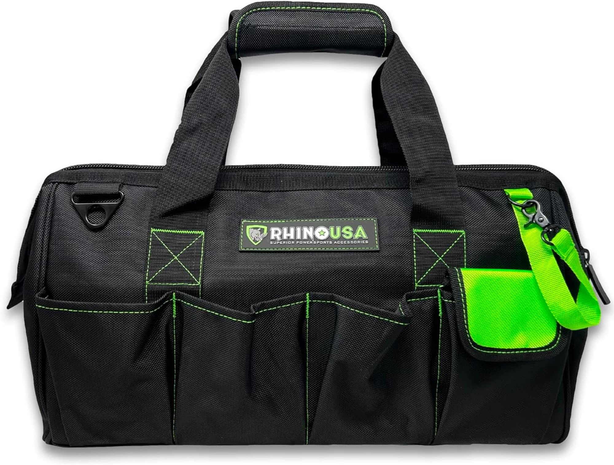 Rhino USA Tool Bag (45cm) Heavy Duty Wide Mouth Tool Tote with Zipper for Men - Large Tools Bags with Extra Side Storage Pockets, Reinforced Shoulder Strap & Upgraded Metal Clips (Black)
