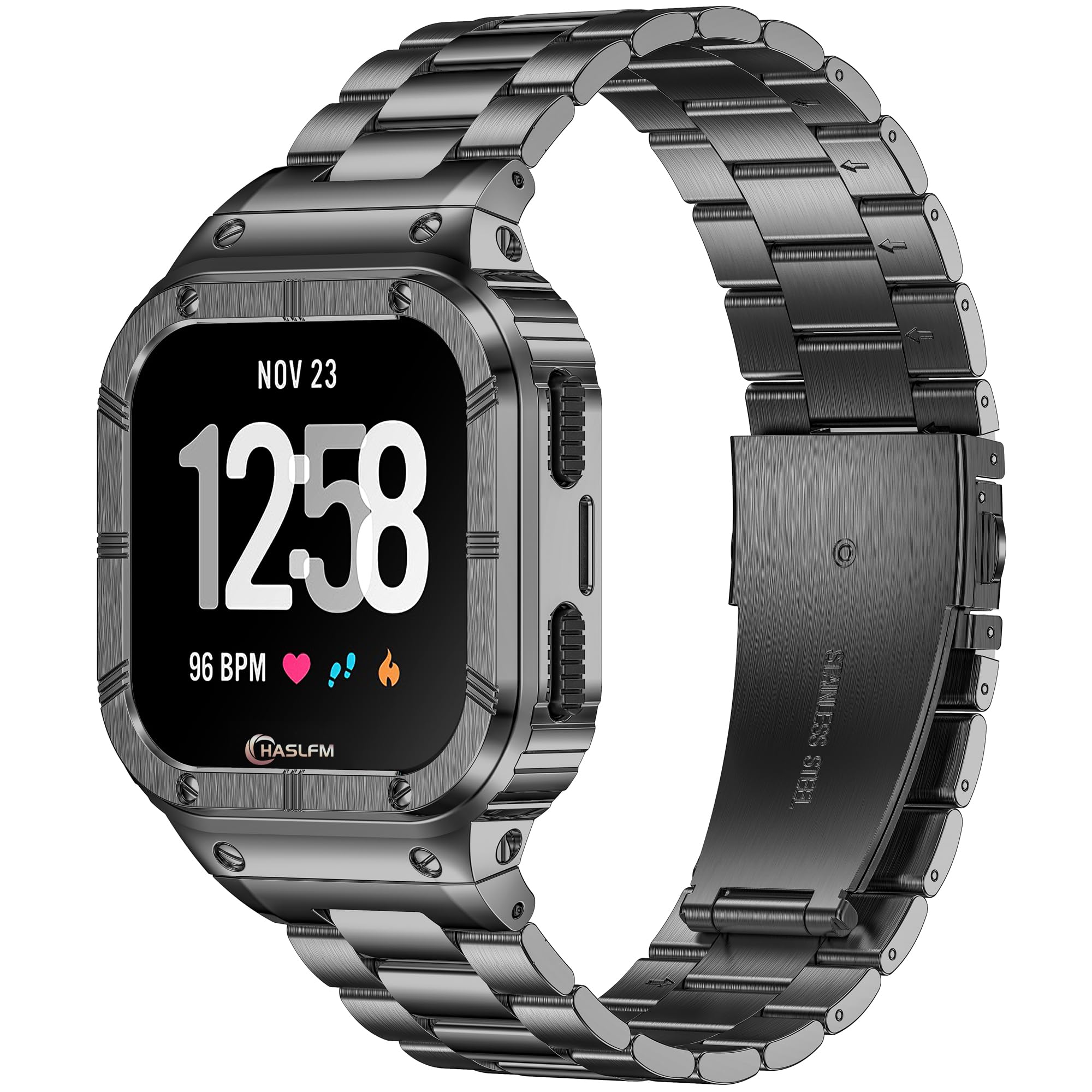 Stainless Steel Band with Case Compatible for Fitbit Versa 4/3/2/1 Fitbit Versa Lite/Fitbit Sense 2/1, Rugged Metal Band with Protective Case Bumper Cover for Men(Grey)