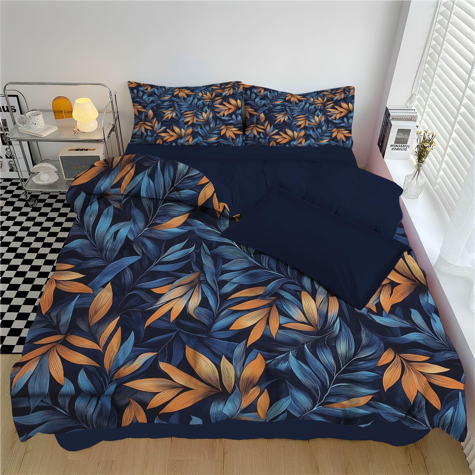 Parure de lit 220x240 avec fermeture éclair moderne et microfibre douce motif feuilles bleu