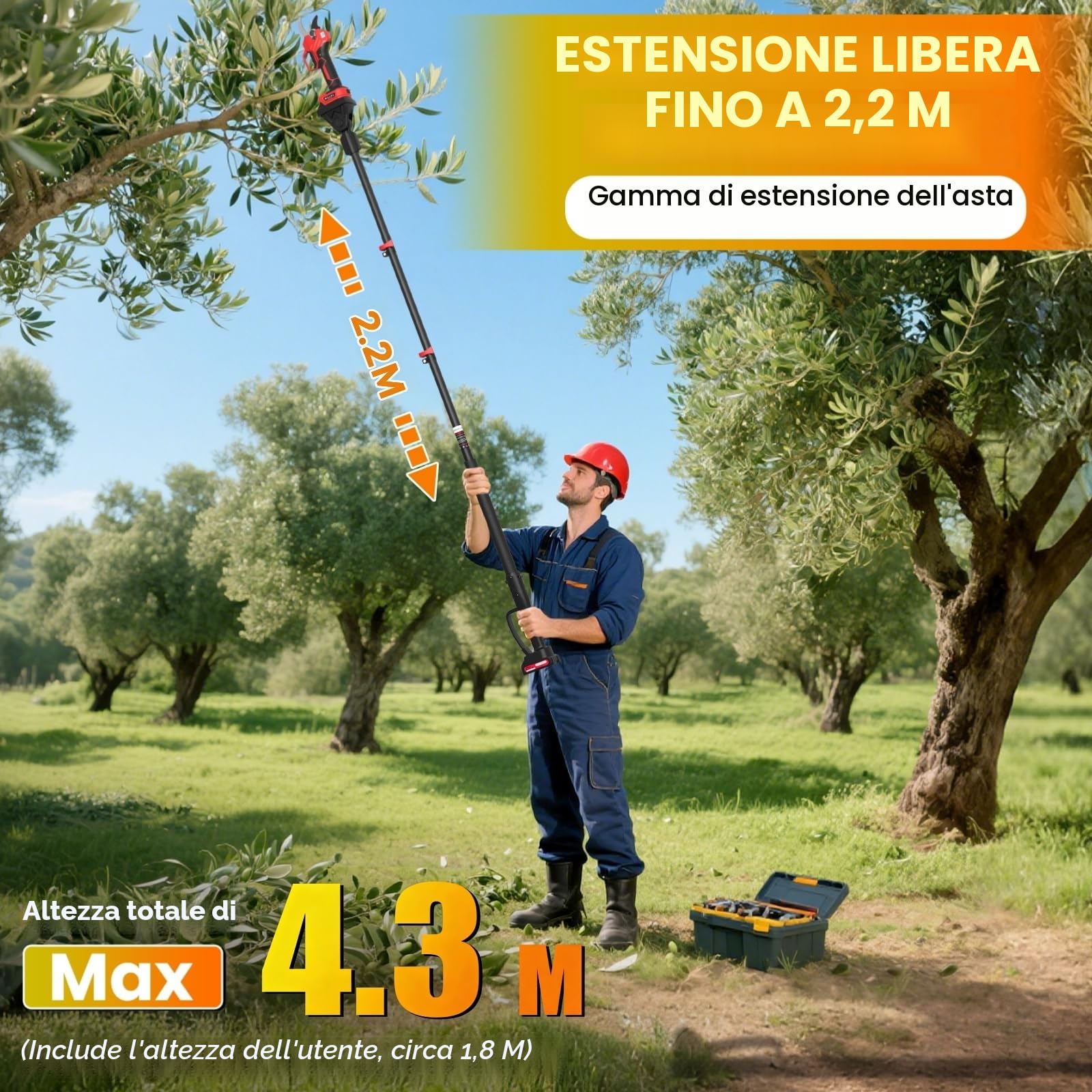 2 In 1 Forbici Potatura a Batteria, Forbici Potatura con Asta, Estensibile Fino a 4.3 M, 50mm Forbici Potatura con 1000 W Motore Brushless, Lame Affilate SK7 & 2 x 2,0Ah Batterias Autonomia di 6-8 ore
