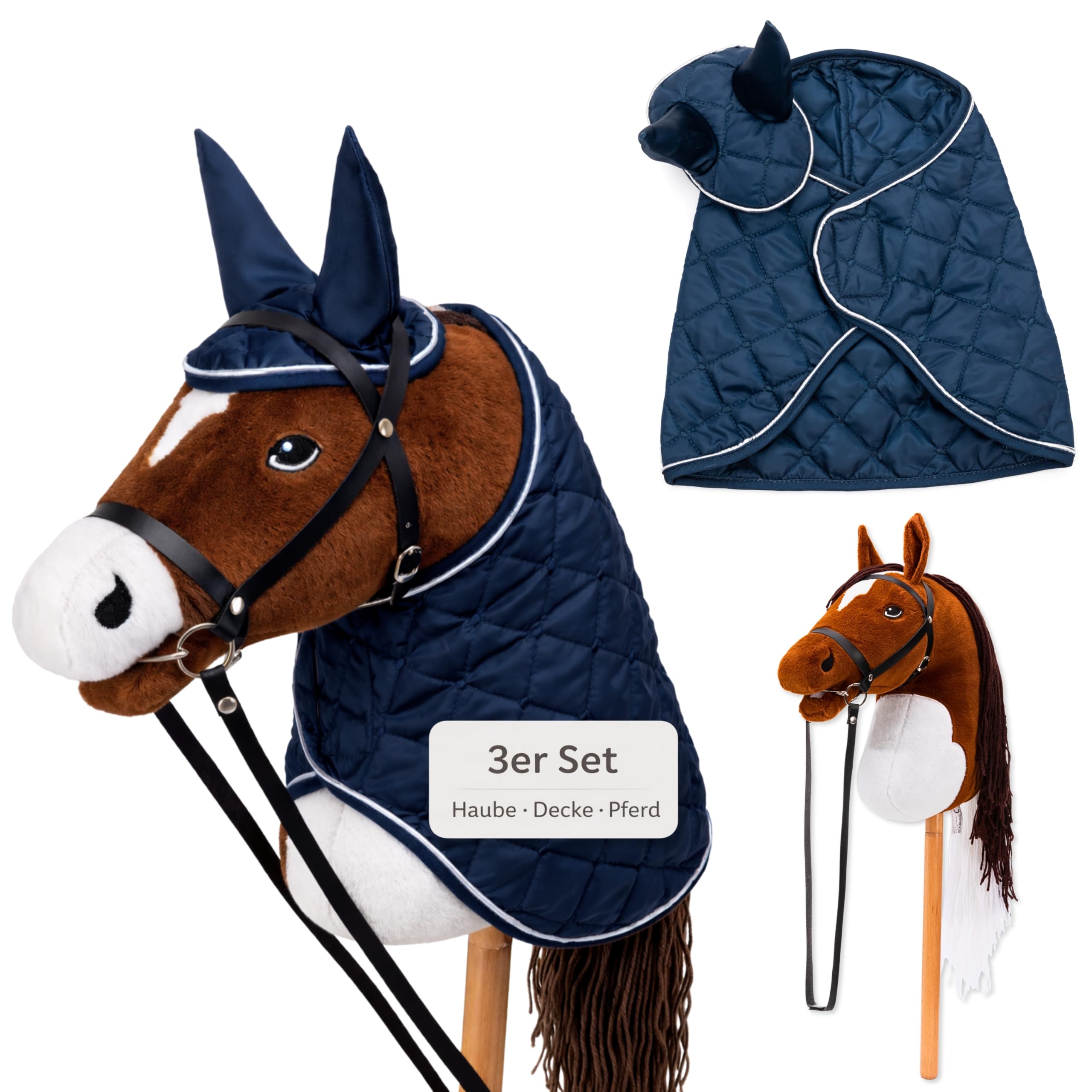 Hobby Horse Set – Großes Steckenpferd für Kinder mit Decke & Fliegenhaube | Komplettes Hobby Horsing Set mit Trense & 35 cm Schraubstab | Braunes Pferd – Blaues Zubehör