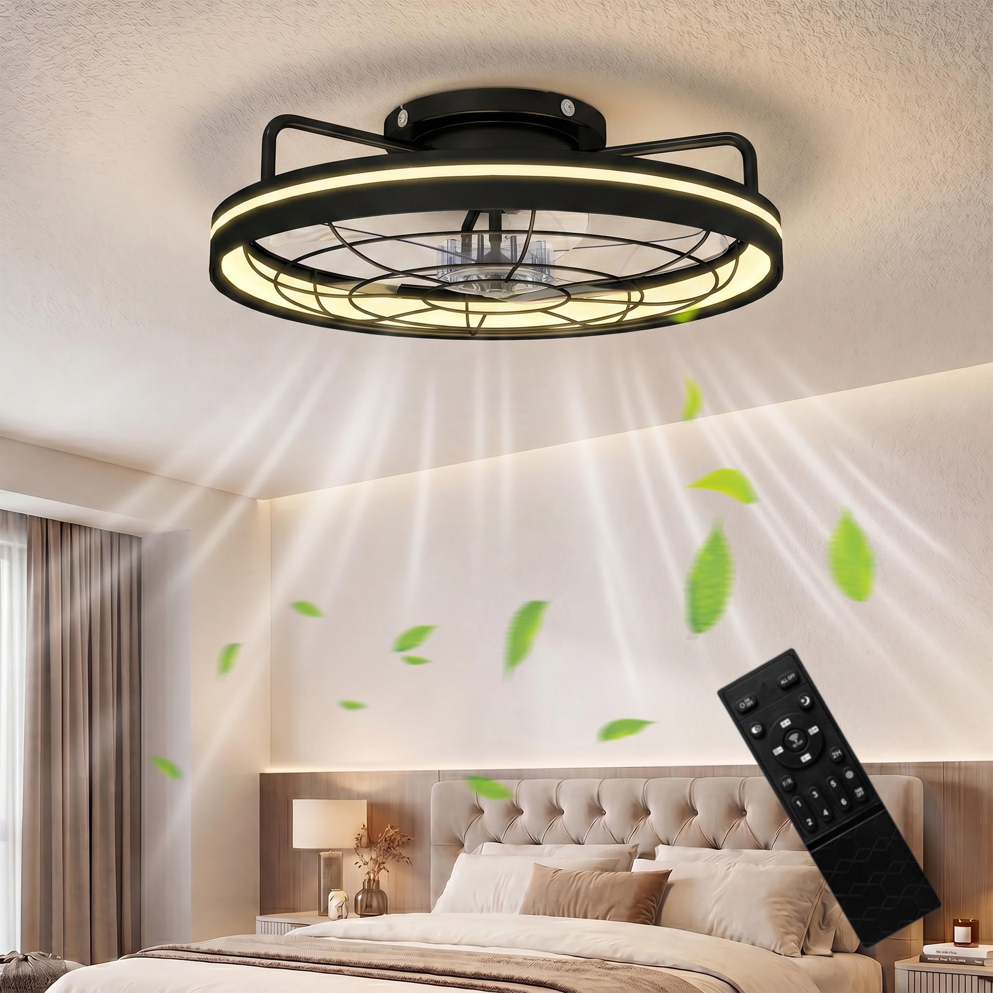 HOMCOM Deckenventilator mit Beleuchtung, Fernbedienung, Ø48 cm, 40 W LED Deckenleuchte mit Ventilator, 3 Lichtfarben, Timer, 6 Geschwindigkeiten, dimmbar, leiser DC Motor, Lampenschirm Schwarz