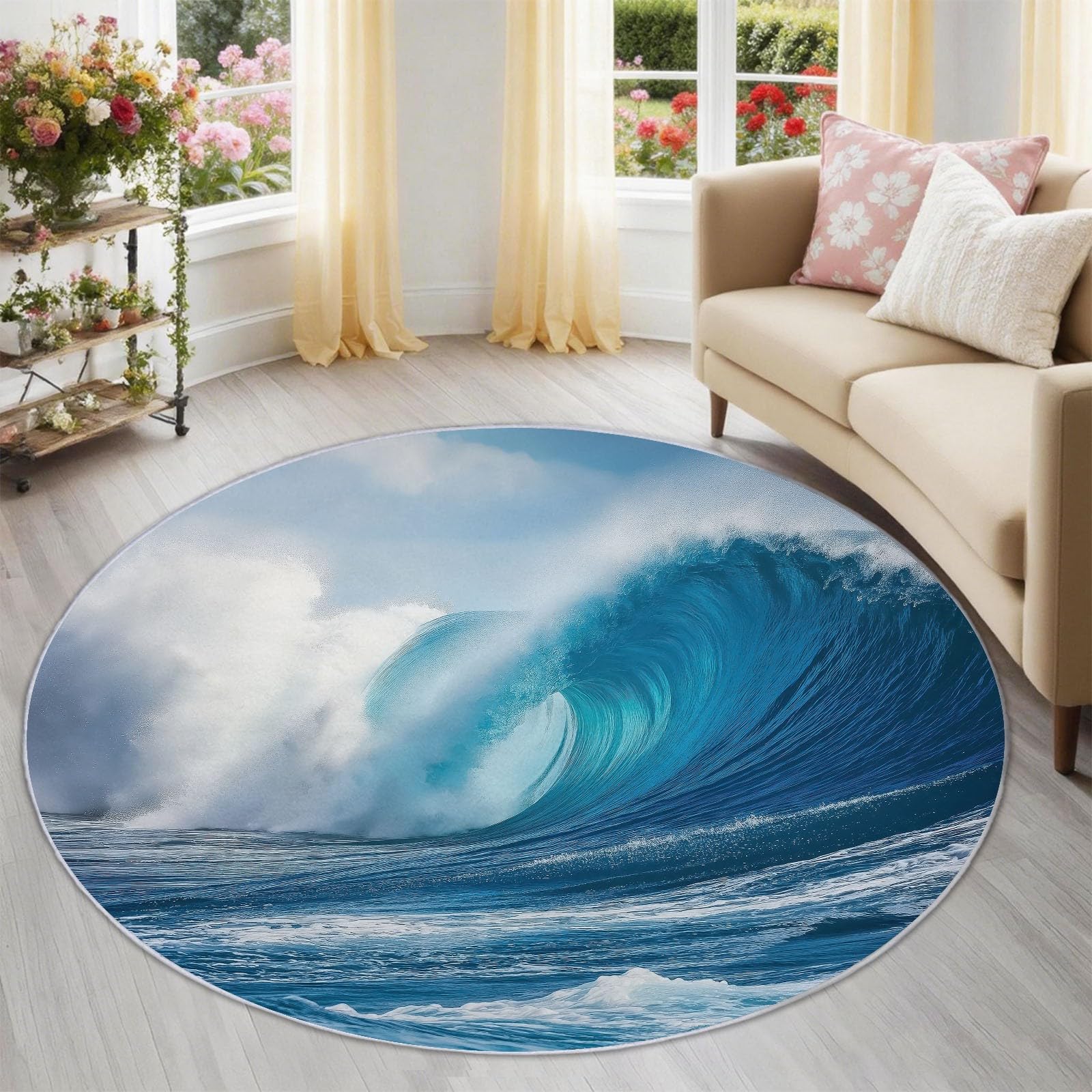 Tapis rond lavable en machine et antidérapant avec motif vagues bleu océan