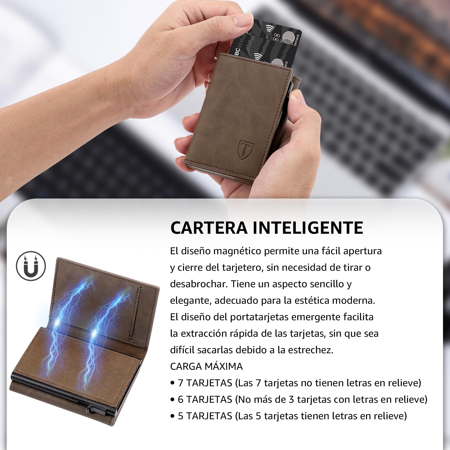 Cartera Hombre Cuero Bloqueo RFID Cierre Magnético Tarjetero 8 Ranuras Marrón