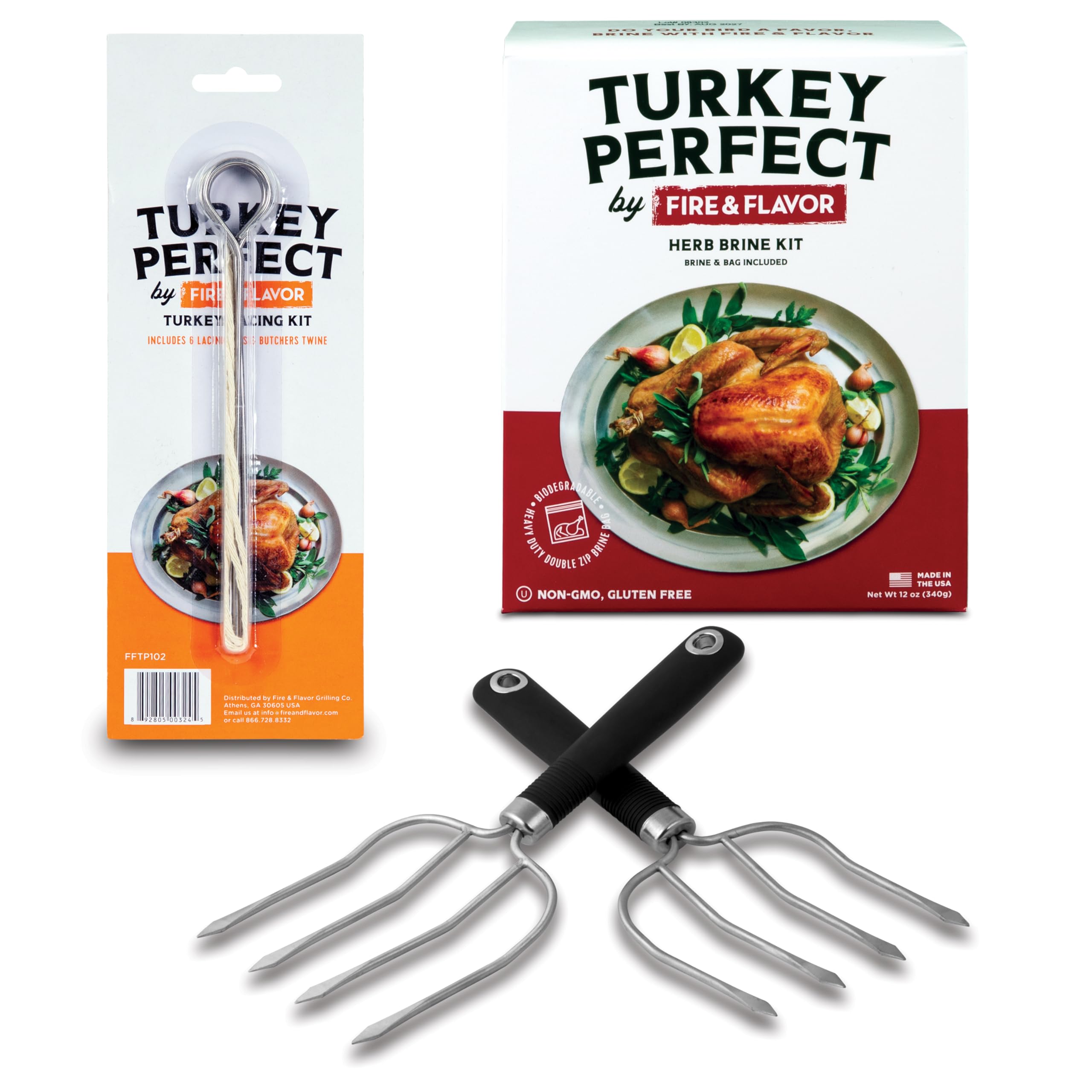 Fire & Flavor Herb Turkey Perfect VALUE BUNDLE - Includes Herb Turkey Brine Kit , Meat Lifter and Lacing Kit - For Roasting, Grilling, Smoking, and Frying