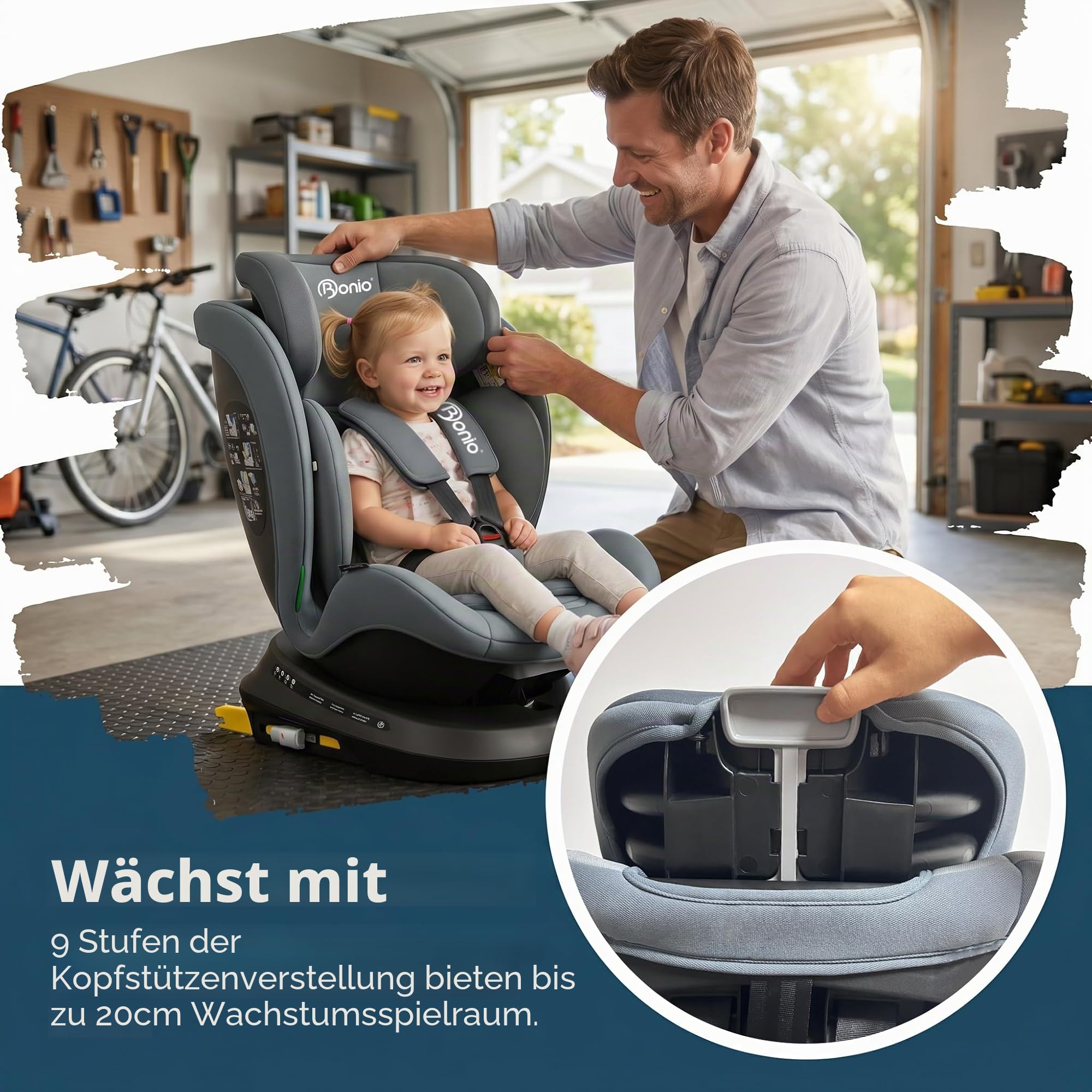 Bonio Kindersitz I-SIZE 40-150 cm 360 grad drehbar mit Isofix (Grau) | bis 105 cm Reboarder ab Geburt 0-12 Jahre, 0-36kg, 5 Sitz- und Ruhepositionen Praktisch