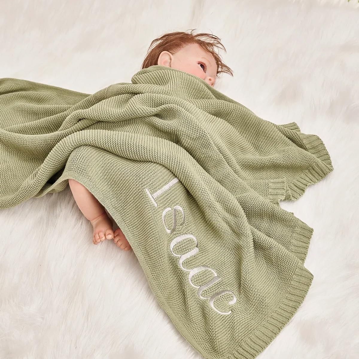Personalized Knitted Baby Blanket - Custom Embroidered Name for Nursery, Stroller for Newborn Boy or Girl (Green)