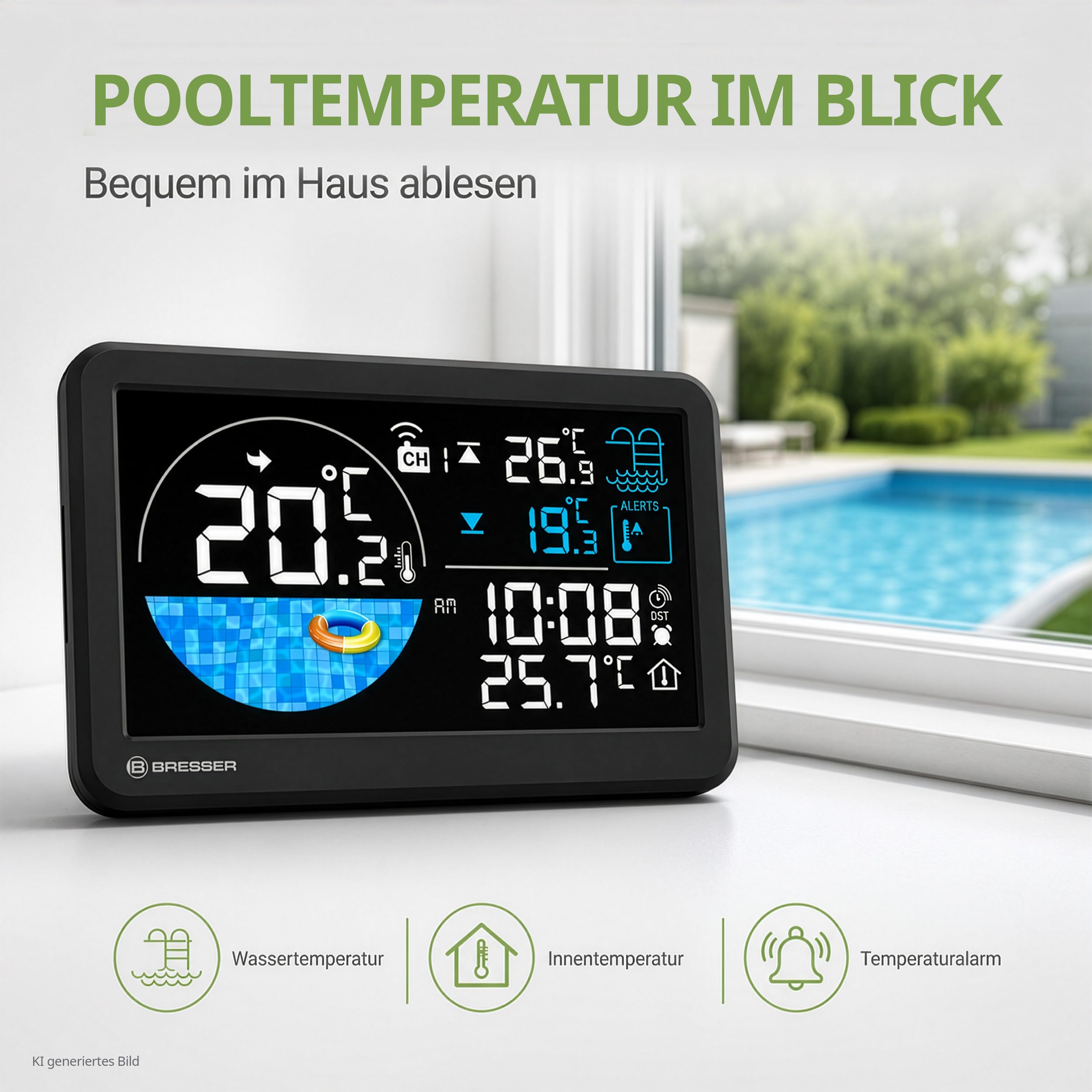 Termometro piscina wireless Bresser con pannello solare, temperatura acqua & stanza, allarme, orologio radio, IPX7