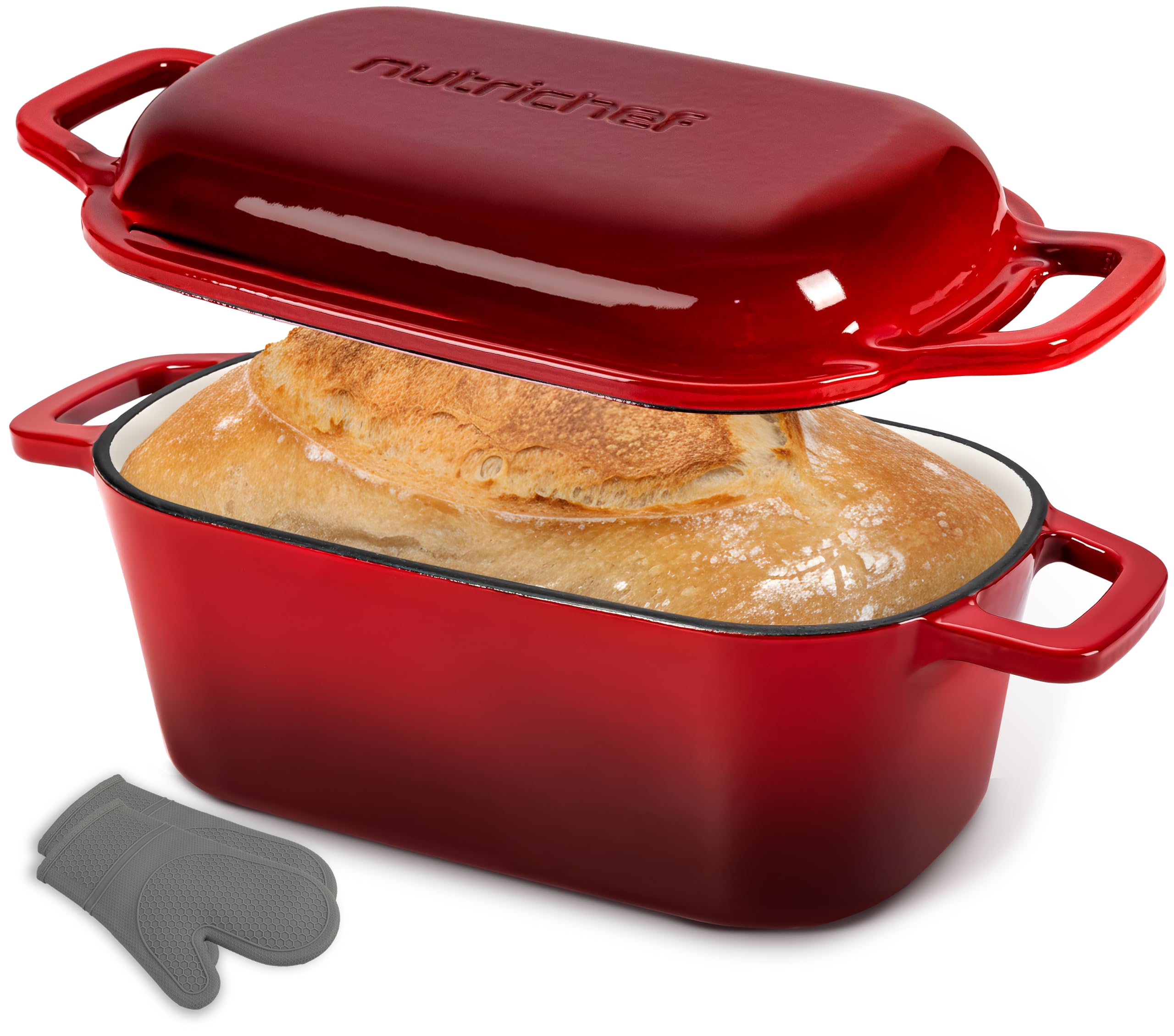 NutriChef Casserole à pain ovale en fonte émaillée de 25,4 cm avec couvercle, gants en silicone, passe au four jusqu'à 260 °C, pour la cuisson, le rôti, le ragoût et plus encore, passe au