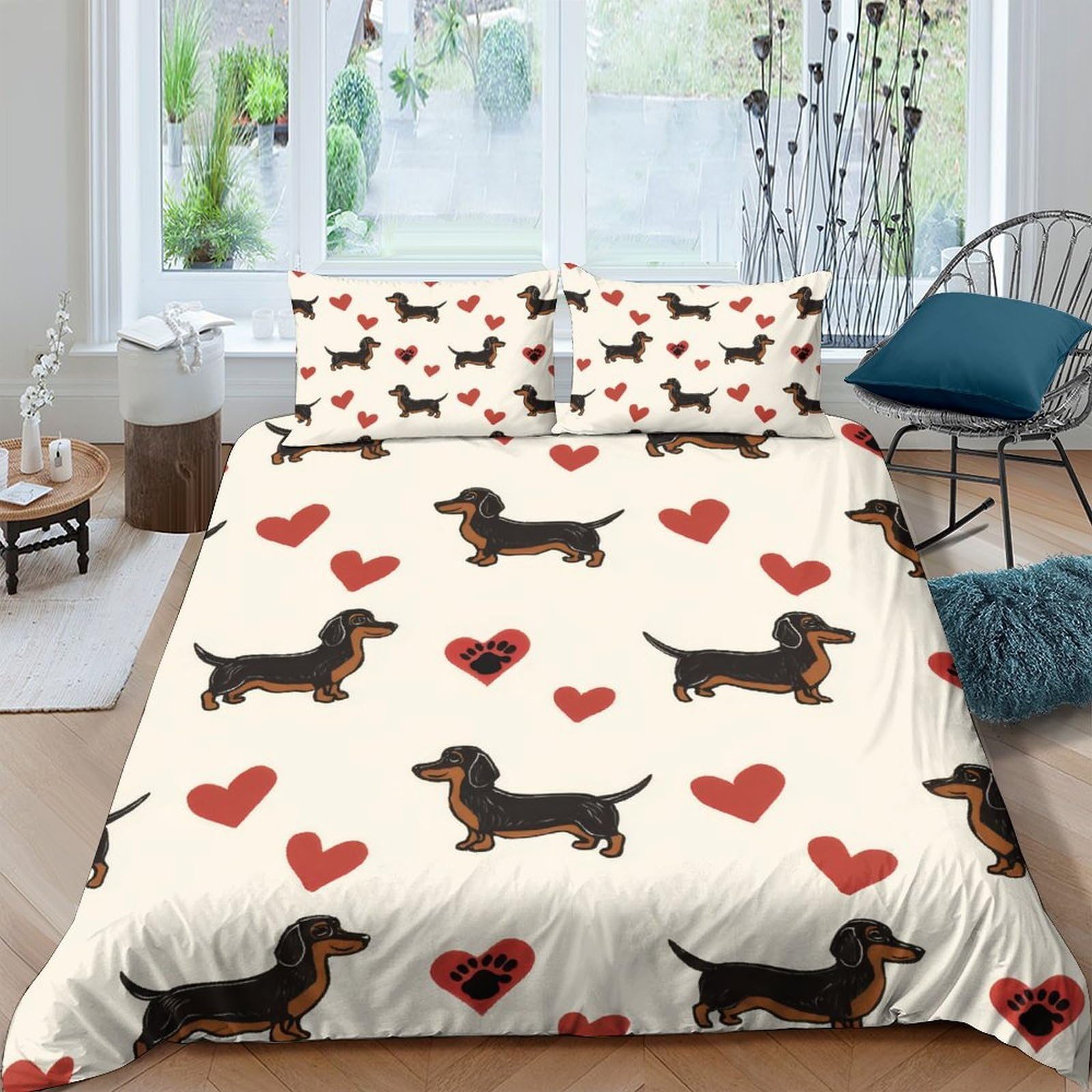 Ctjqhvkz Style-6 3D Printed Dachshund Dog Fitted Sheet Microfiber Anti-Slip Red Heart Bed Cover For Bedroom Guest Room Easy Care Single（135X200cm）