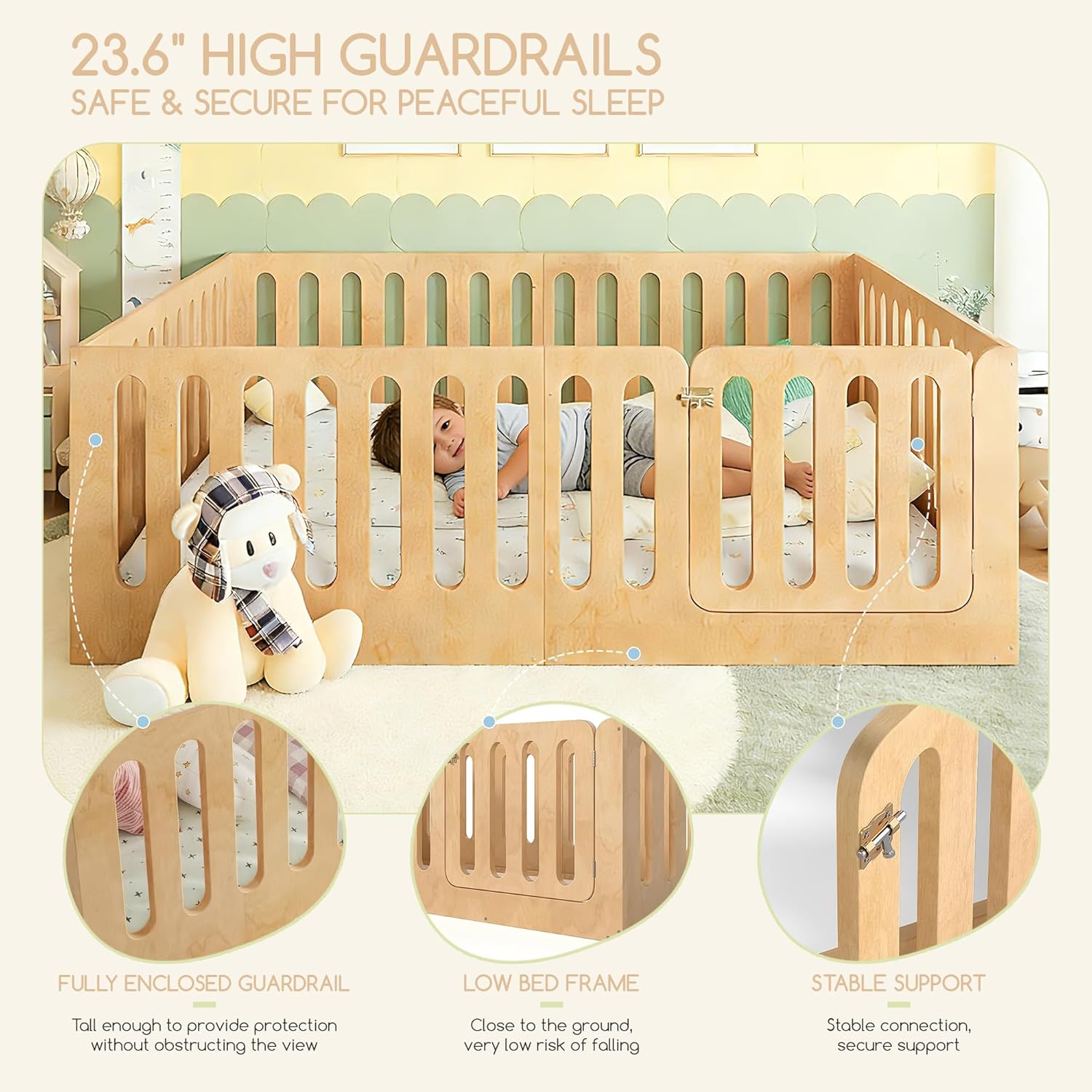 Bellemave Montessori Full Floor Bed with Playful Door & 23.6" H Guardrails, Solid Wood Montessori Floor Bed Frame, Low Profile & Rounded Corner Safe Design, No Slats, No Box Sring Needed, Natural