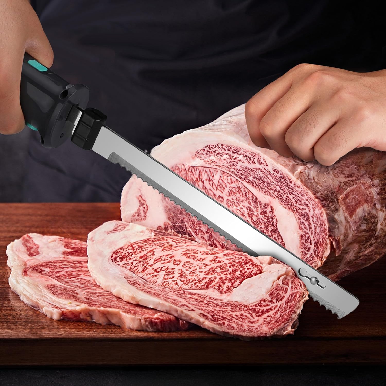 HAUSHOF Electric Knife slicing a large cut of meat, showing precise and clean cuts.