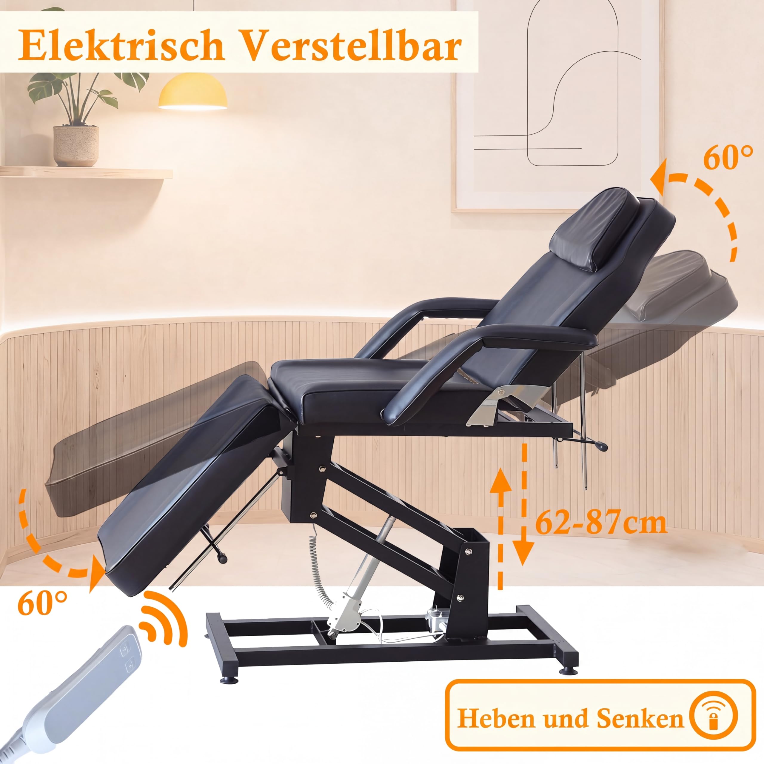 Kosmetikliege Elektrisch, Kosmetikstuhl Höhenverstellbare, Massagetisch & Tattooliege mit abnehmbaren Armlehnen & Kopfteile, Massageliegen PU-Leder Set für Spa, Tattoo, Gesichtspflege (Schwarz)