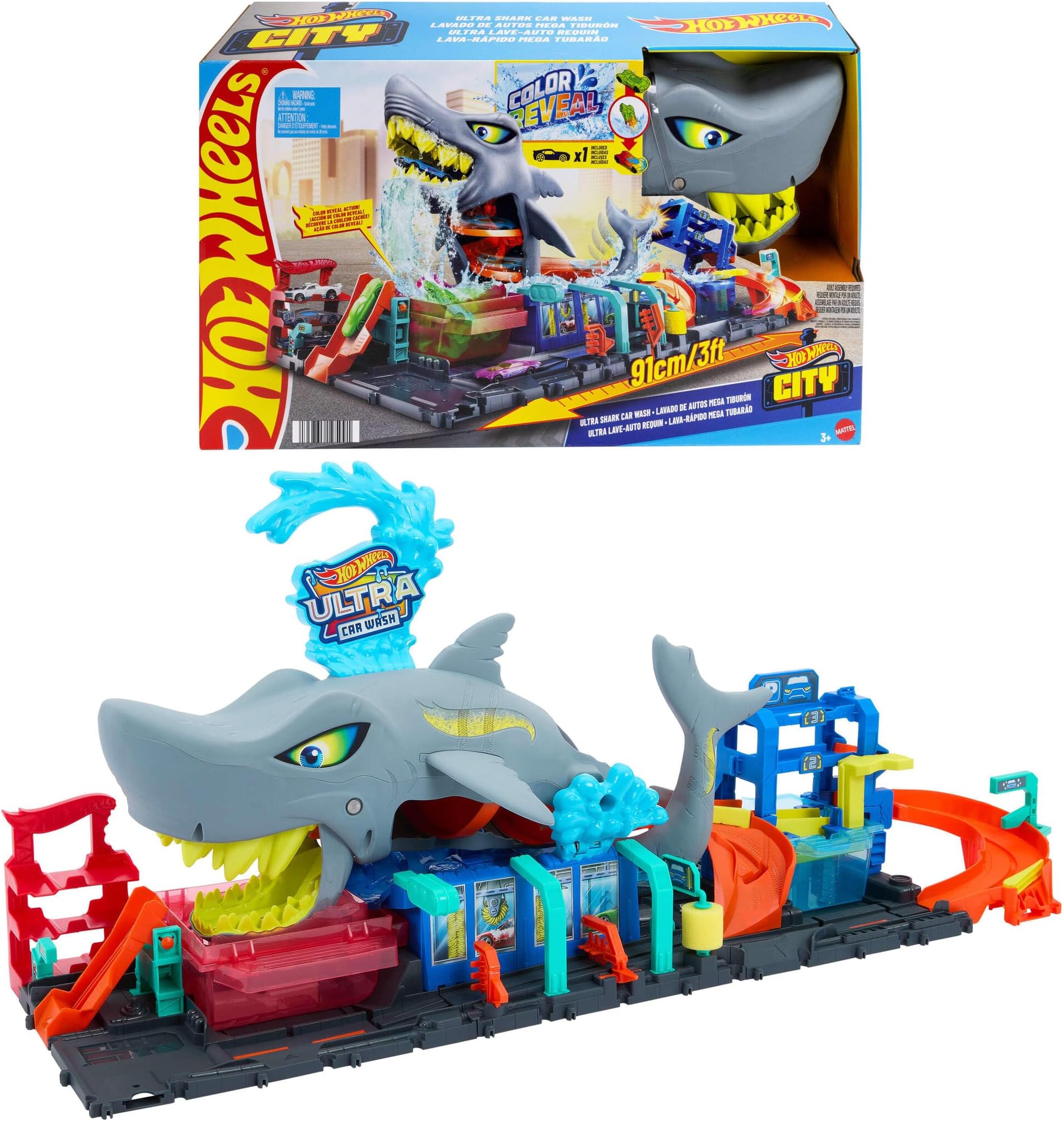 Let's Race Netflix - City Shark Wash Station with 1:64 Scale Color Reveal Car, Colour Changing Function and Storage, HTN82