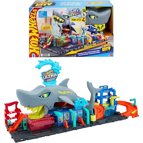 Hot Wheels City Track Set, Ultra Shark Car Wash with 1:64 Scale Color Reveal Toy Vehicle, Repeat Color-Change Feature, Storage