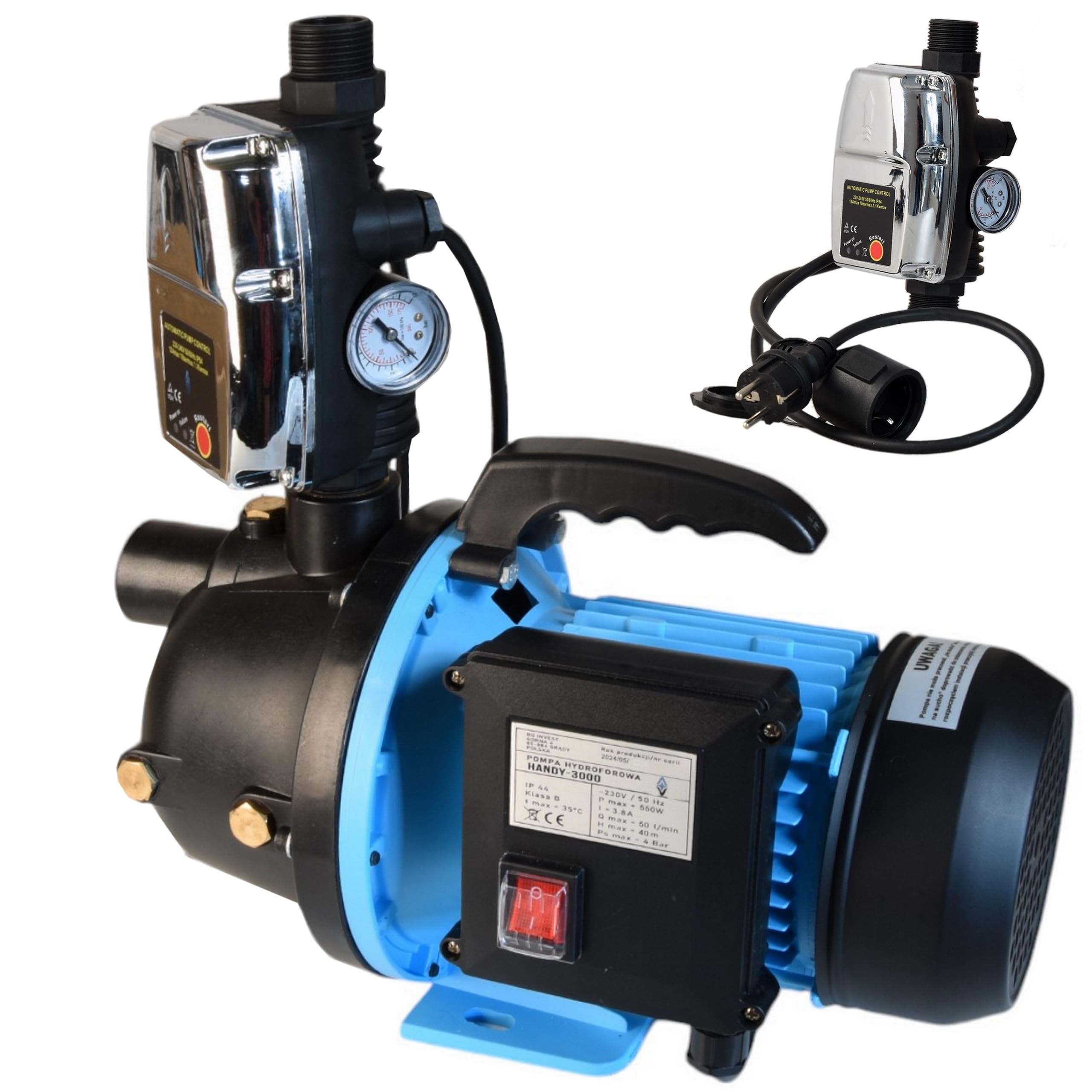 Wasserpumpe HANDY 3000 mit Elektronische Druckschalter CSK 5 - Pumpensteuerung - Gartenpumpe Tragbare - (550W 3000l/h Förderhöhe 40m) - Trockenlaufschutz - Hauswasserautomat - für Bewässerung Garten