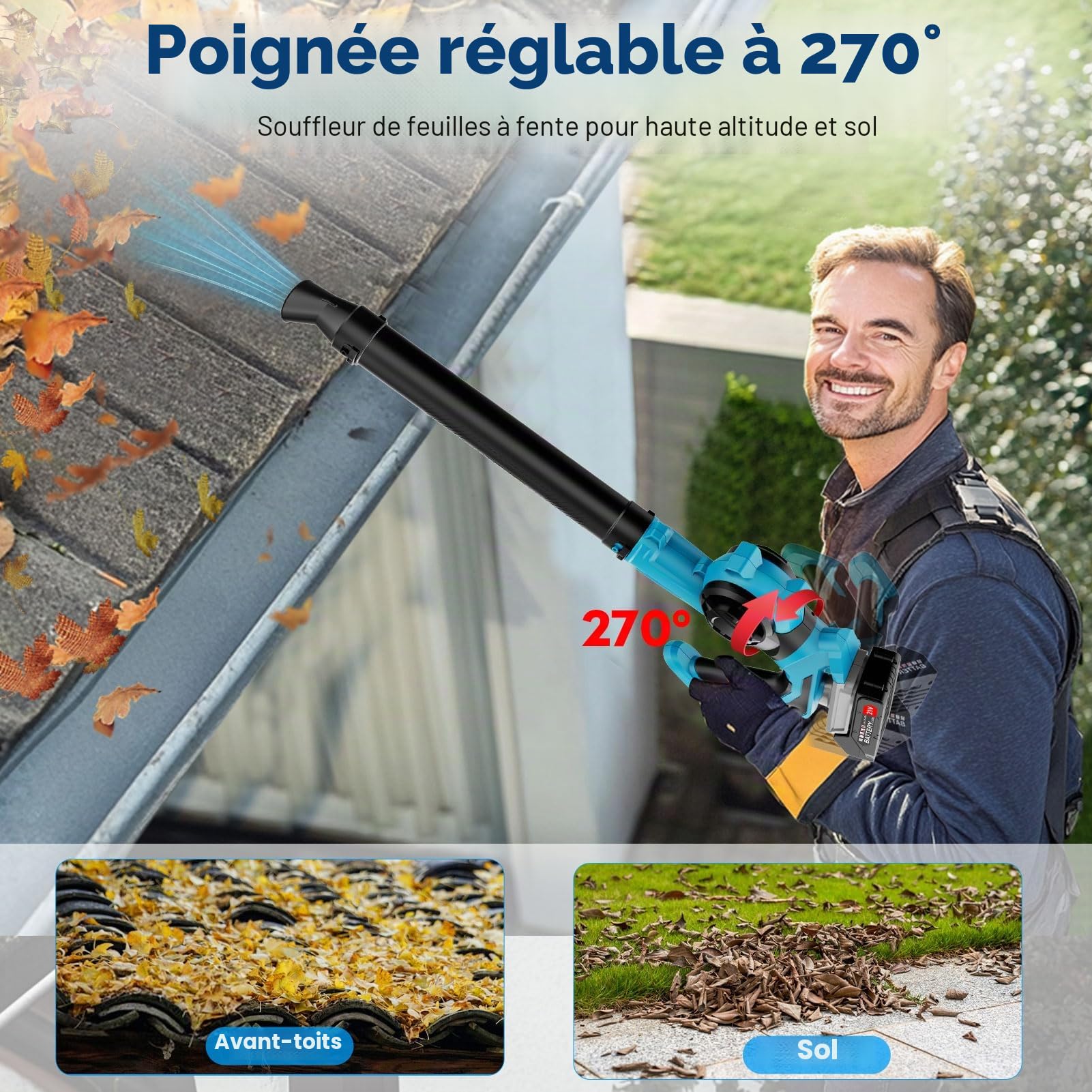 Souffleur de feuilles sans fil avec 2 batteries de 3000 mAh et chargeur, souffleurs de jardin électriques avec Turbo Boost, 210 km/h et 3 niveaux de vitesse, souffleur de batterie avec 4 tubes de