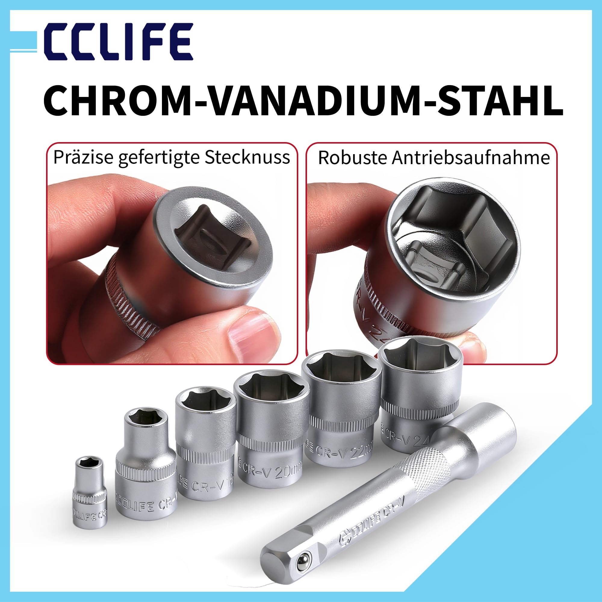 CCLIFE Set di chiavi a bussola da 110 pezzi, 1/4" e 1/2" con bussole, punte ed estensioni per casa e auto in robusta valigetta degli attrezzi