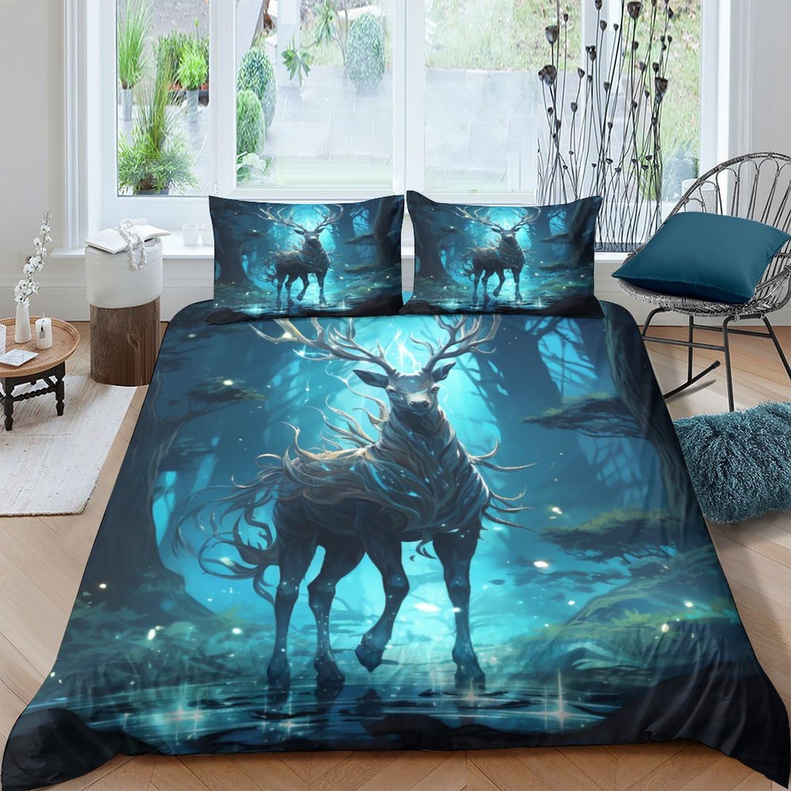 Housse de couette élan 3D pour lit double 200x200cm parure de lit anti-plis décor chambre sauvage