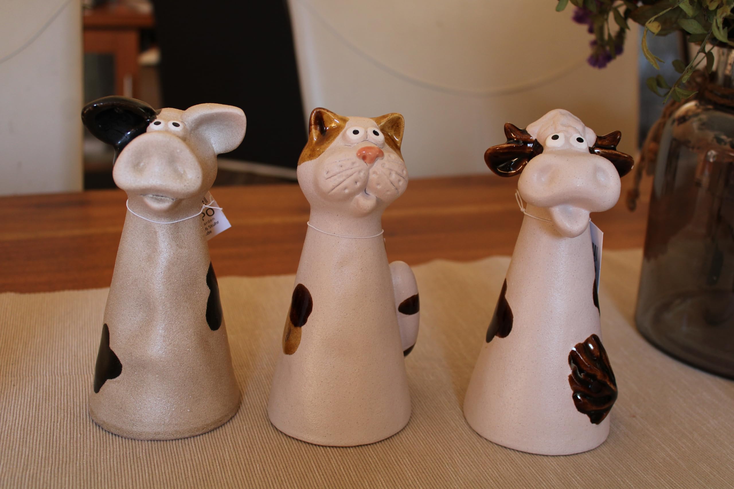 Set di 3 statuette decorative da giardino, in ceramica, per gatti, mucca, maiale, altezza 17 cm